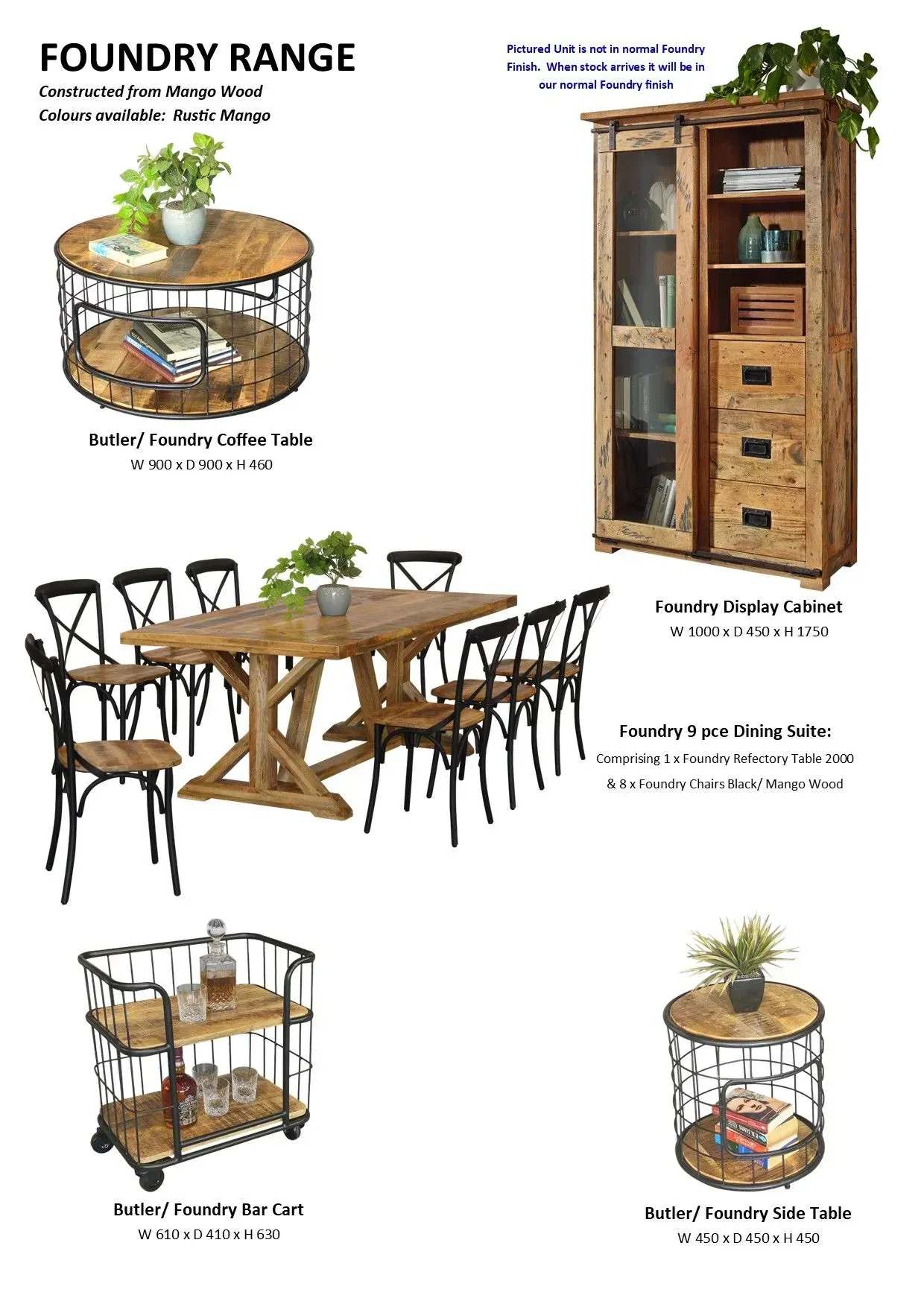 Catalog page of rustic wrought-iron and wood furniture sets, including tables, cabinets, and a cart, with plants.