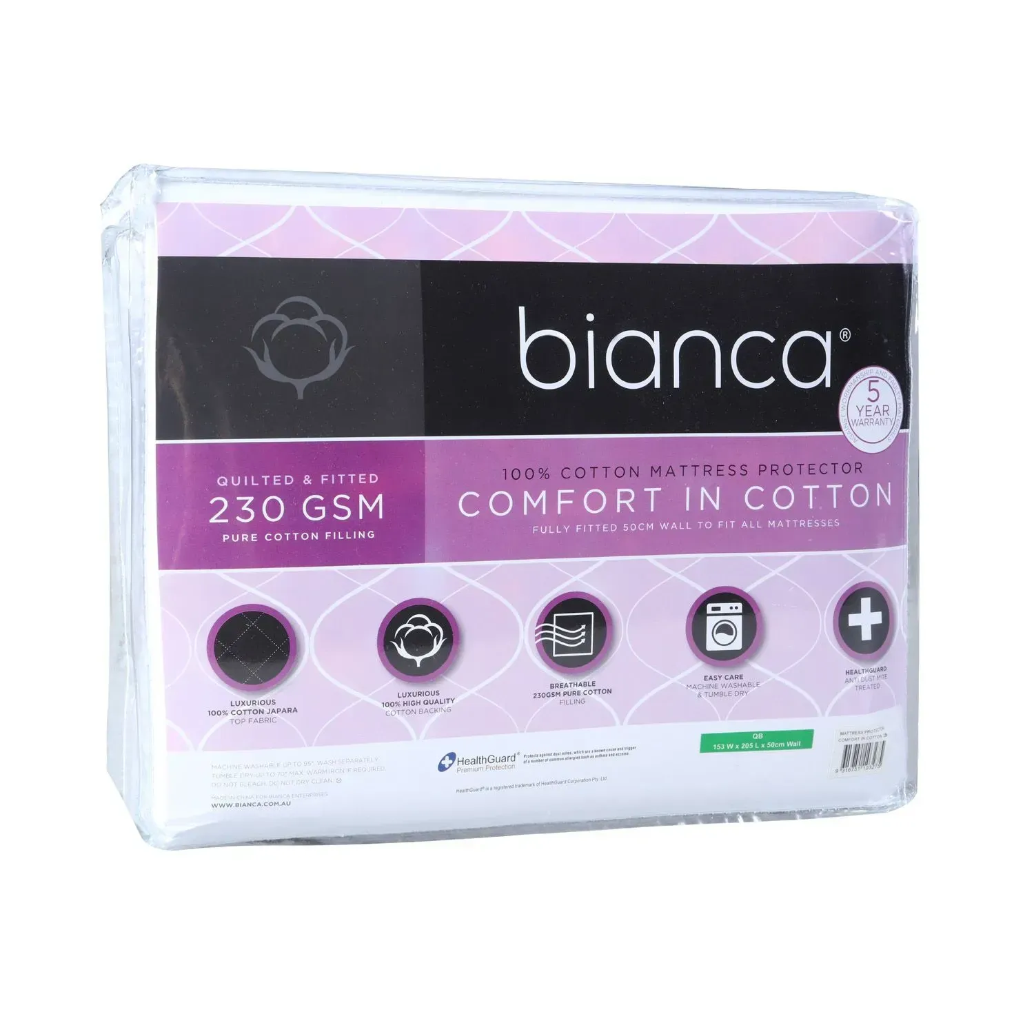 Bianca Comfort in Cotton package, white and purple feminine hygiene pads box