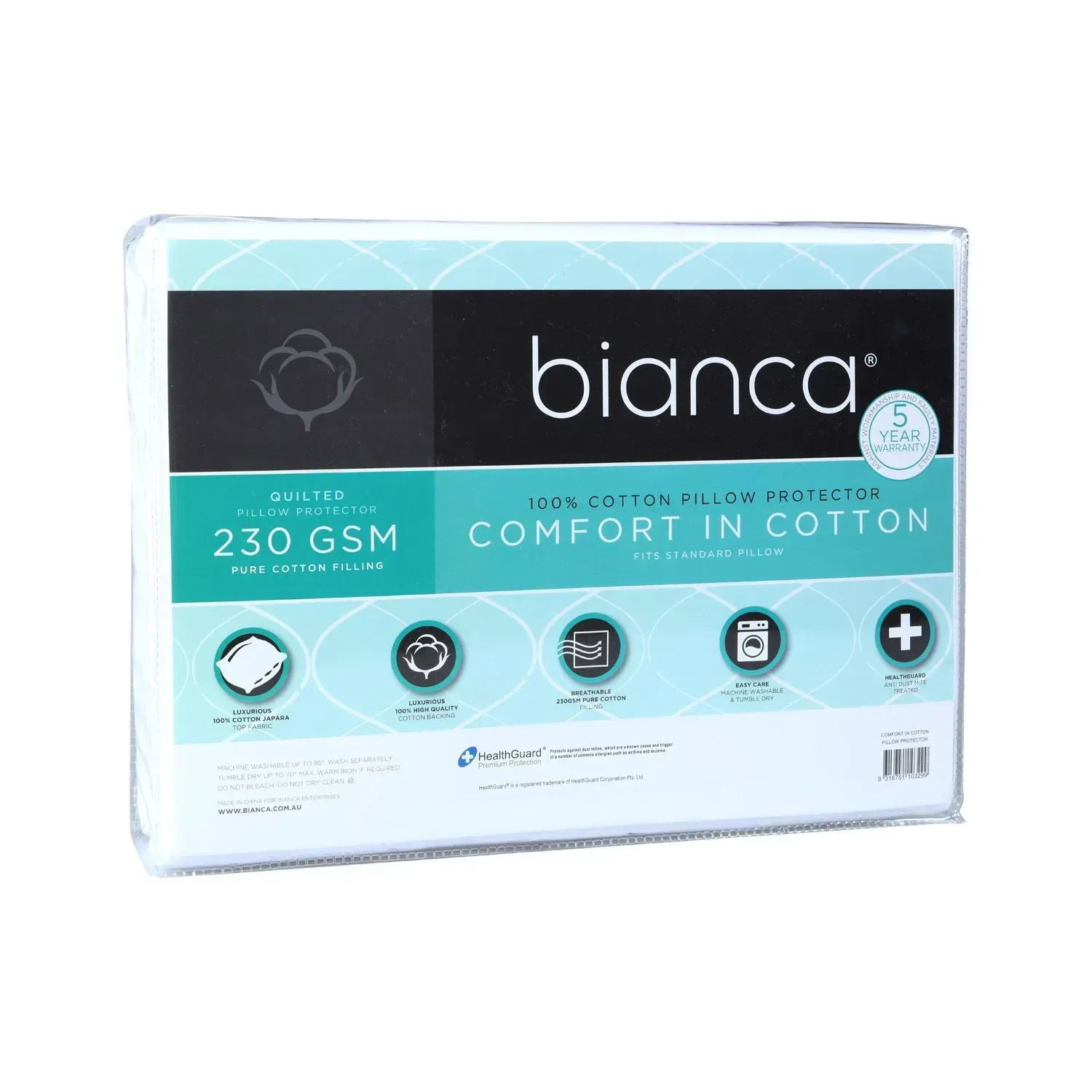 Bianca 230 GSM cotton comfort tissue pack in white and aqua packaging