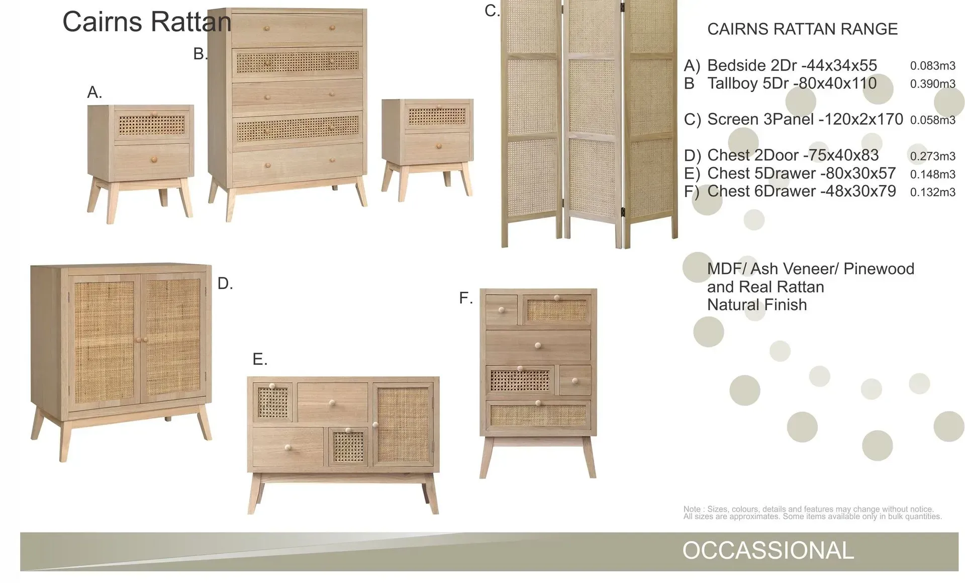 Collage of light wood rattan bedroom furniture pieces with product labels and dimensions on white background