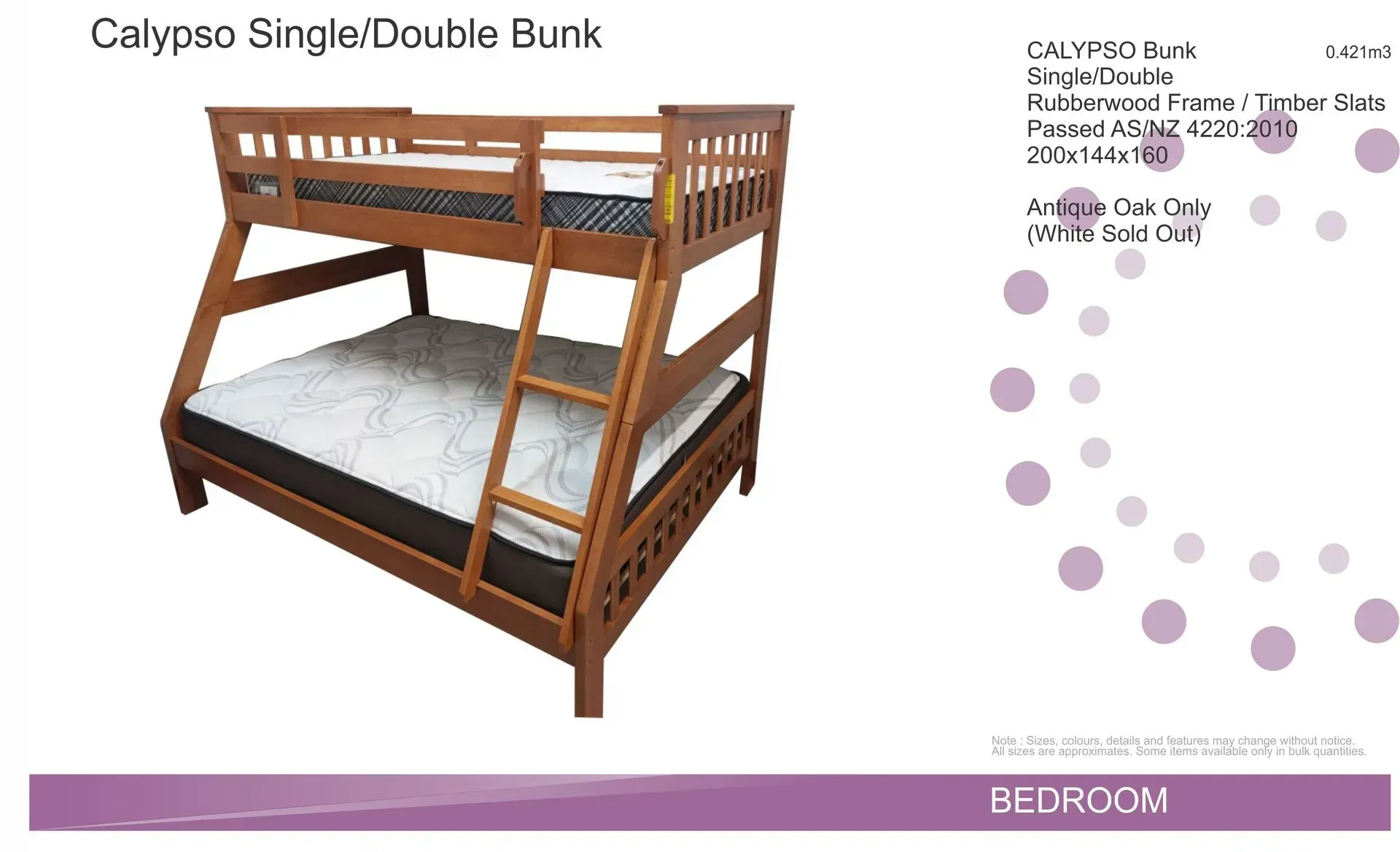 Brown wooden single bunk bed with ladder and mattress on a white product background, labeled Calypso.