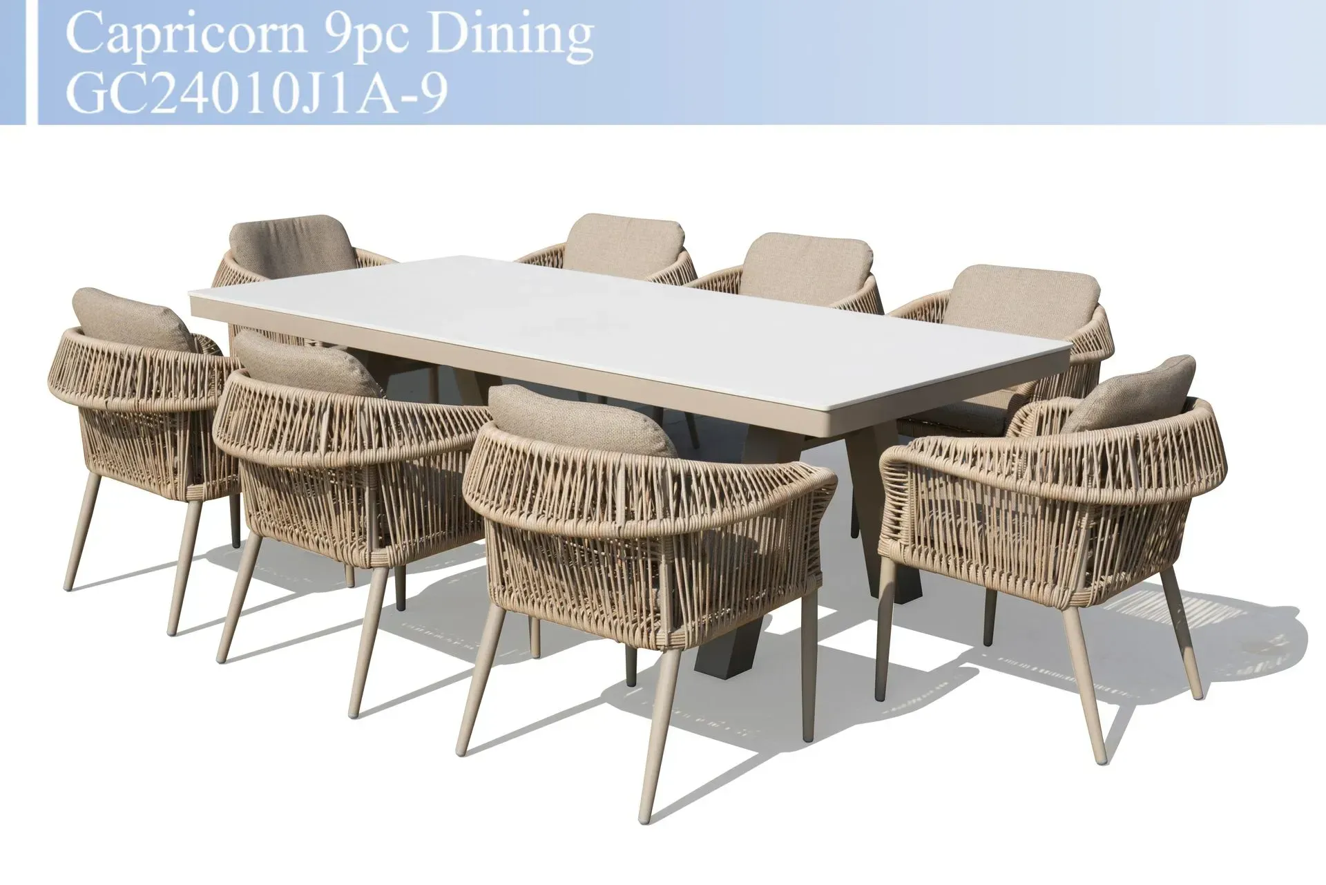 Capricorn 9-piece dining set with white table and eight woven chairs on a white background