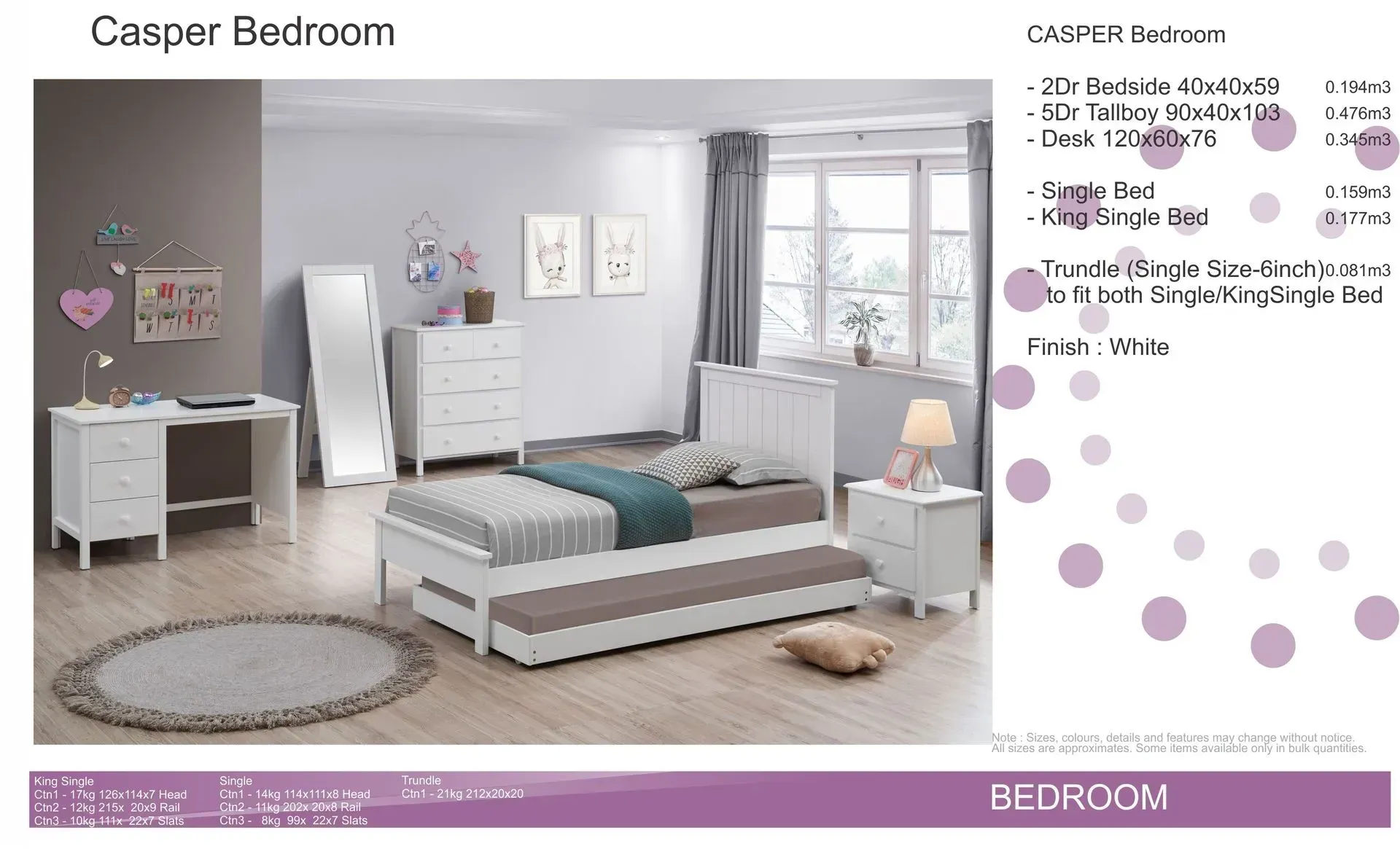 Modern bedroom with white bed, mirrored dresser, desk, chair, and soft gray-and-pink decor