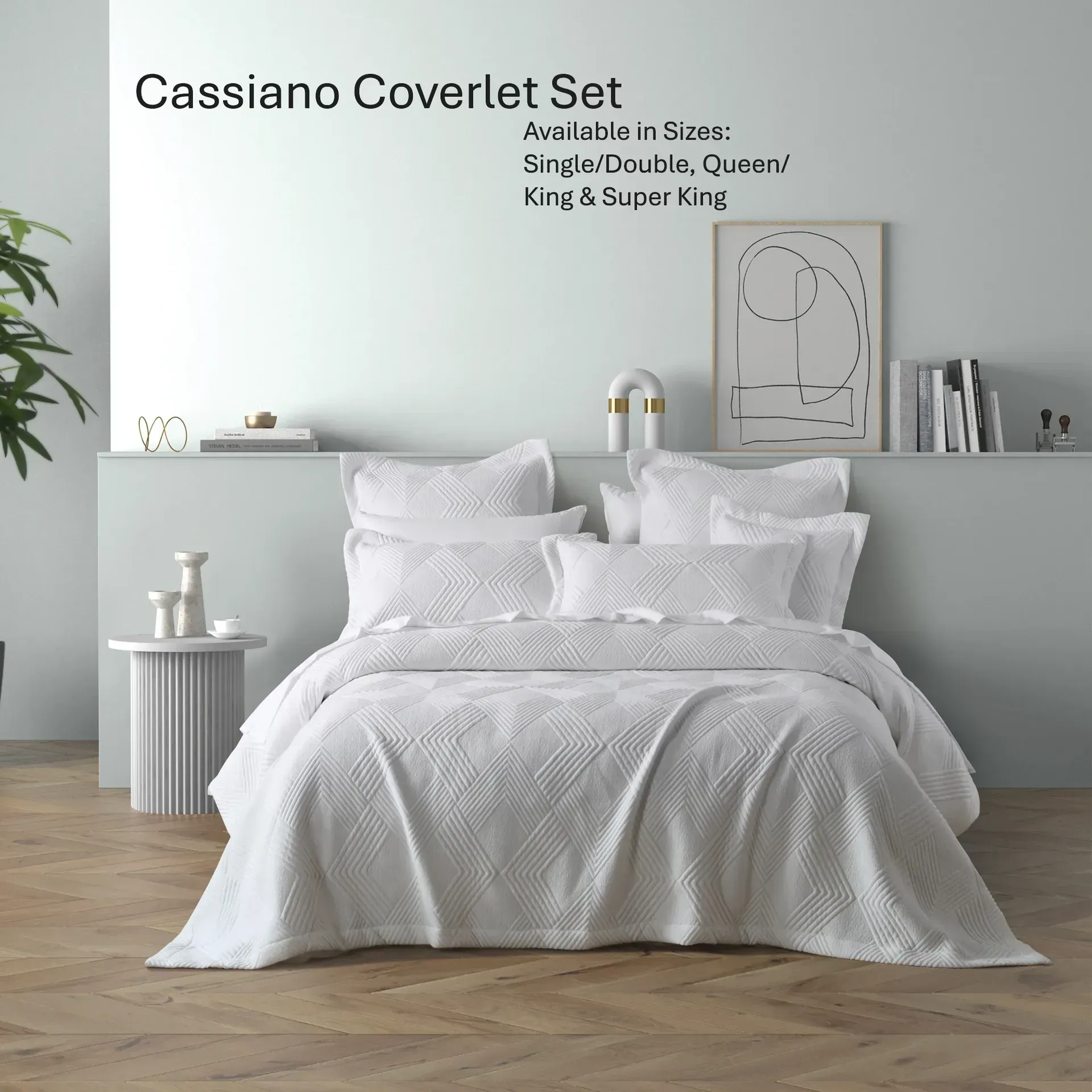 Gray bedding set styled on a neatly made bed in a minimalist bedroom.
