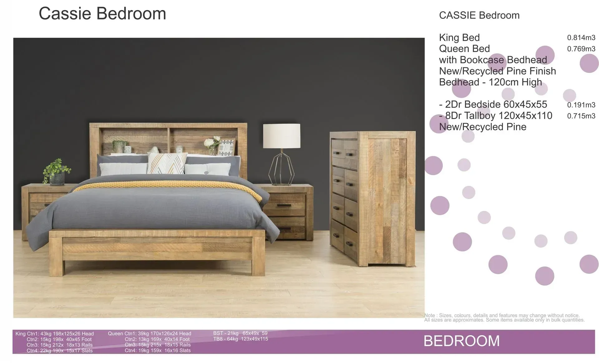 Casual bedroom with wood bed, gray bedding, nightstand, lamp, dresser, and soft gray wall décor