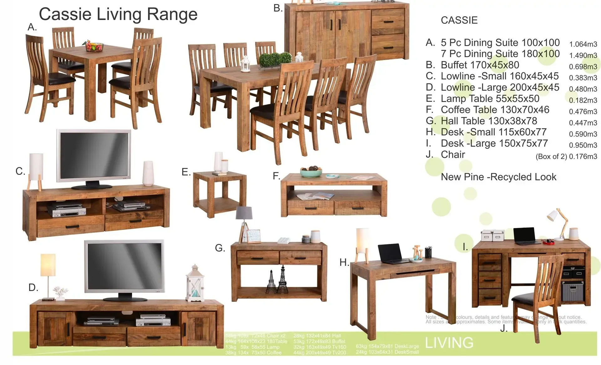 Collage of wood living room furniture, including dining sets, TV stands, coffee tables and cabinets, with labels and prices