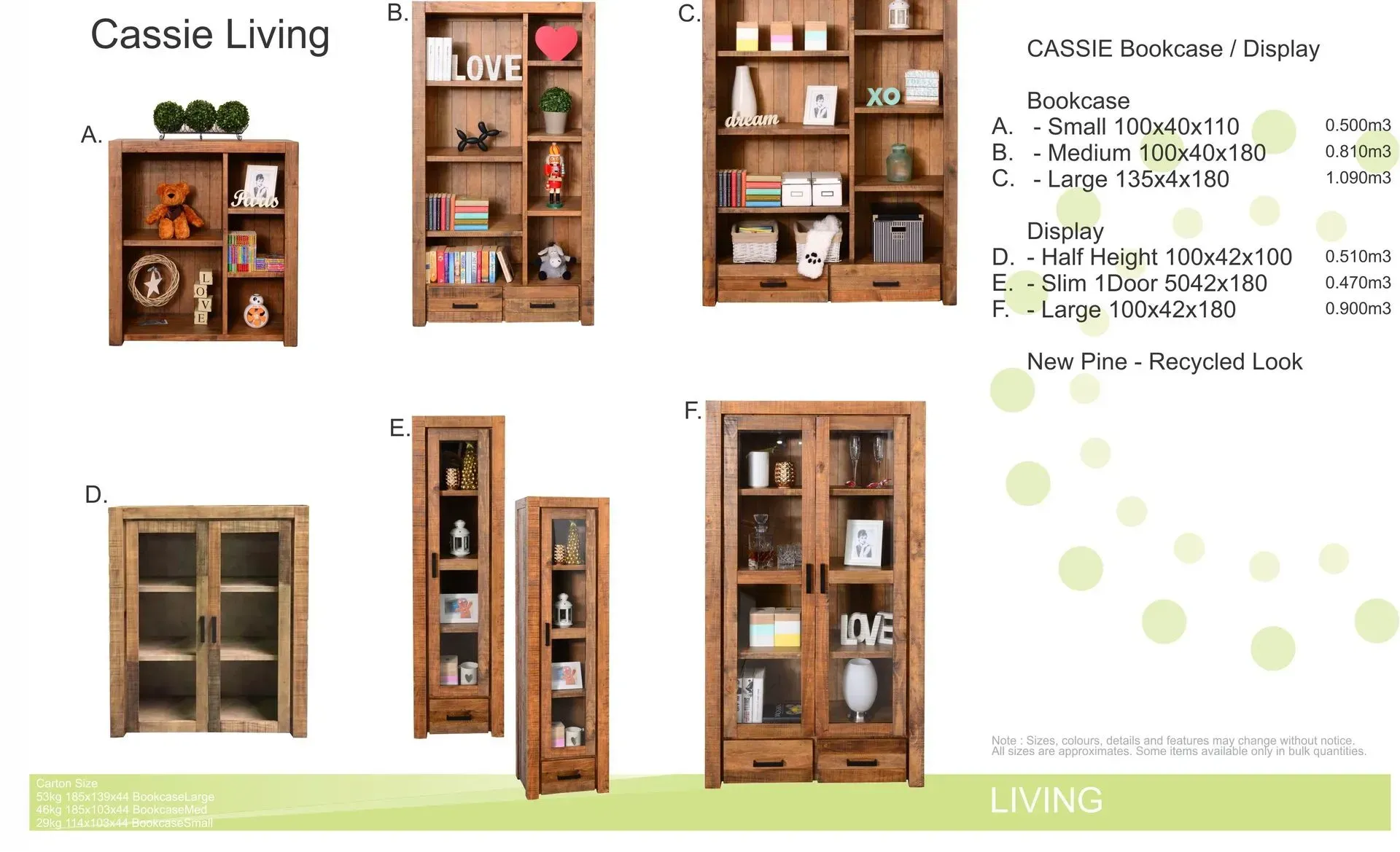 Collage of wooden living room cabinets with shelves, photos, and decor on a white background