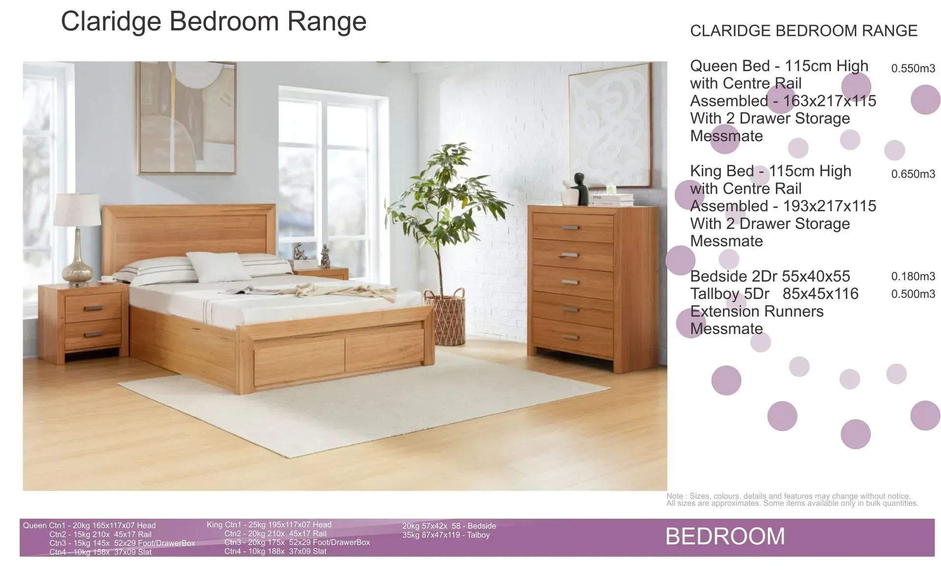 Bedroom furniture catalog showing a light wood bed set in a bright white bedroom