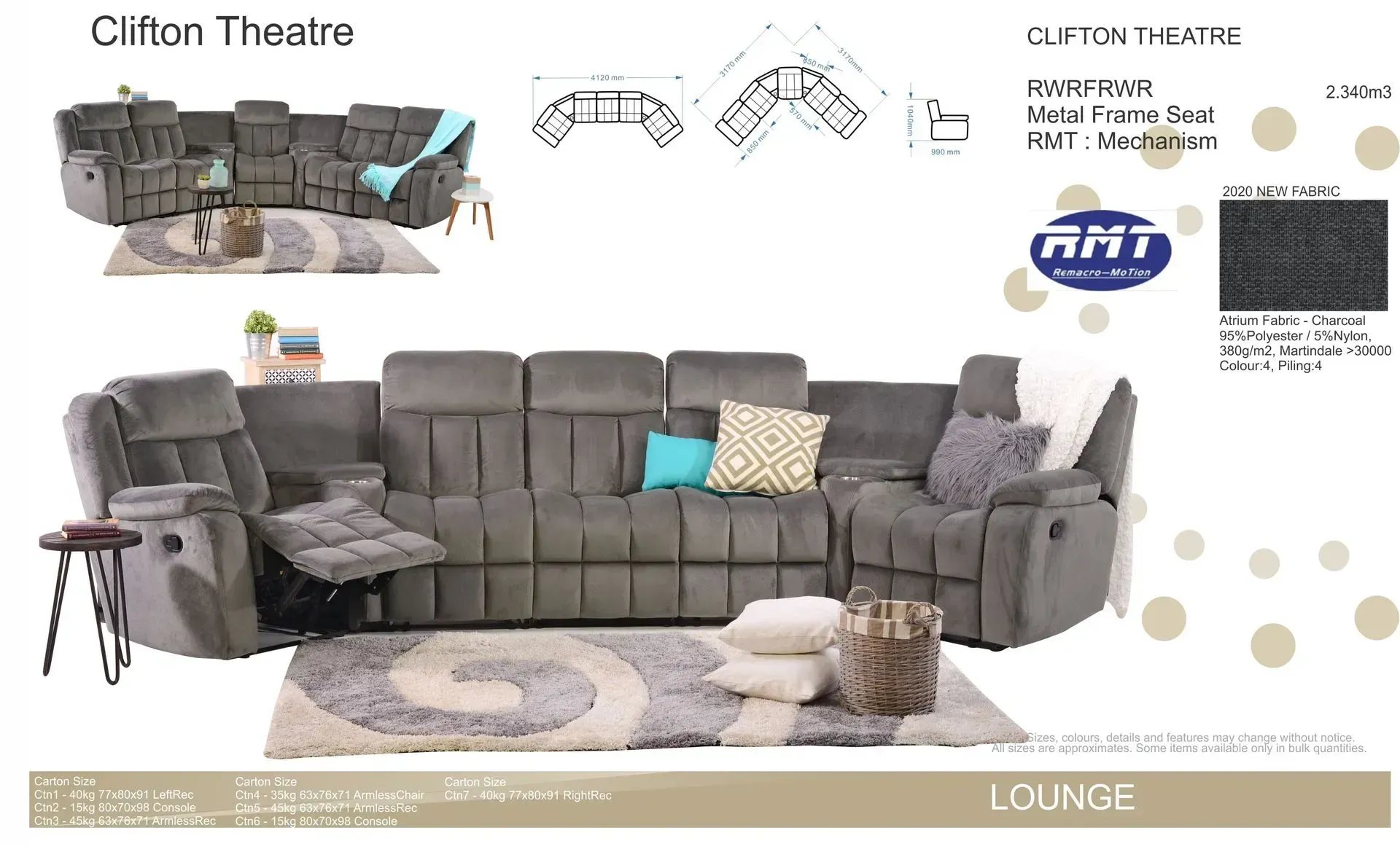 Clifton Theatre gray sectional sofa with recliners and pillows, shown in a furniture catalog layout
