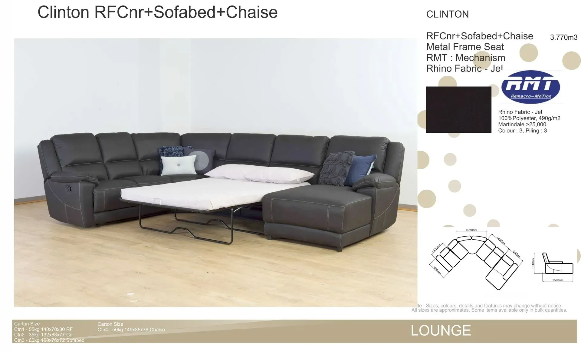 Dark gray sectional sofa with chaise and white cushions in a modern living room setting