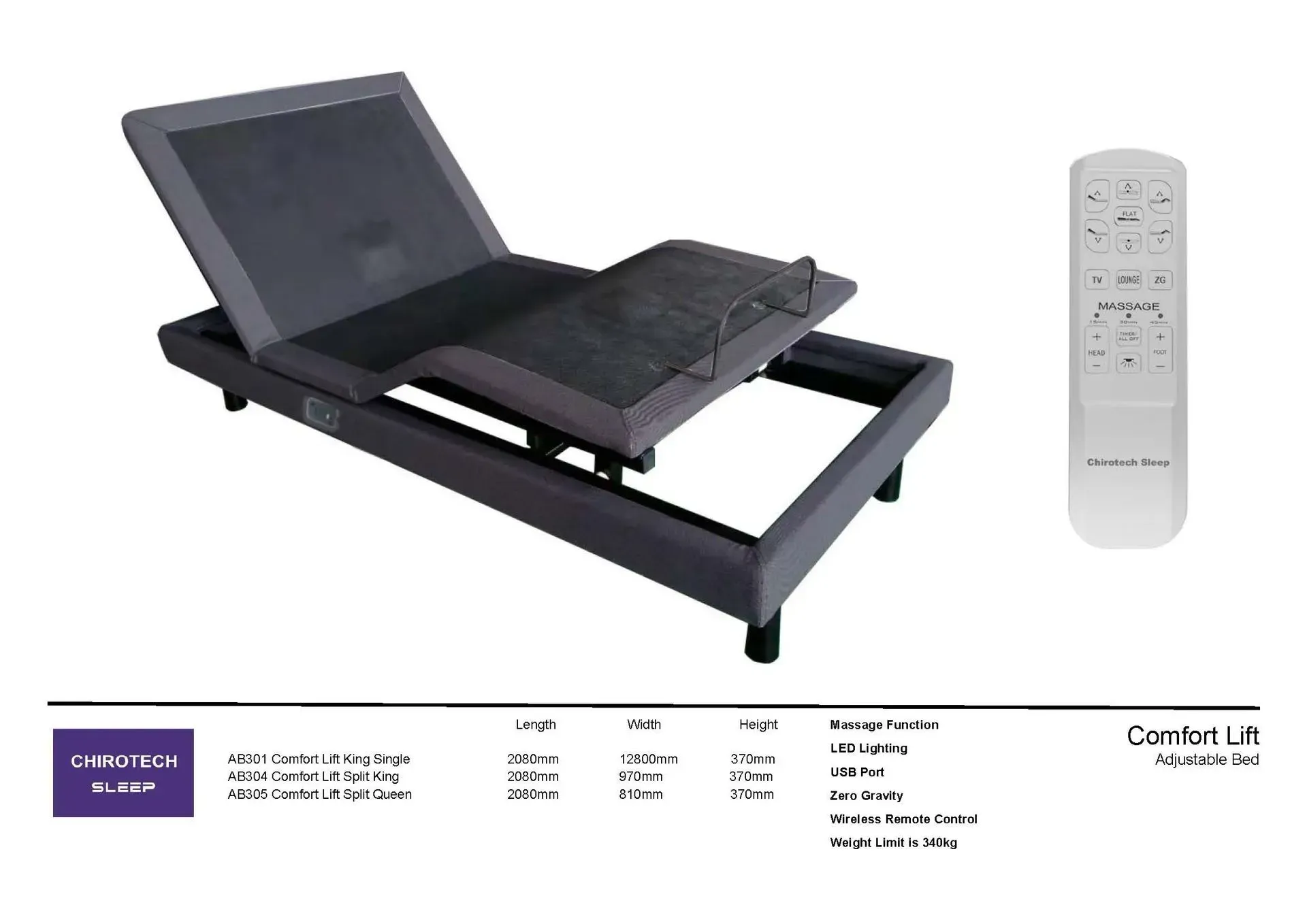 Adjustable black adjustable bed base with remote control on white background