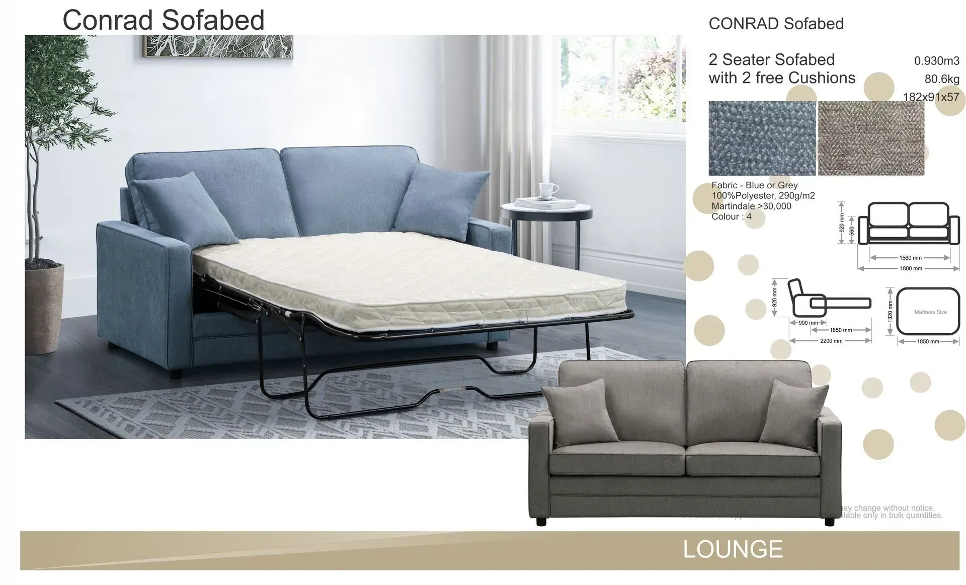 Blue sofa bed with pull-out mattress, product collage and dimensions on a white background
