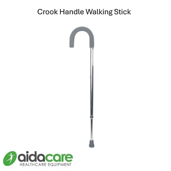 Crook handle walking stick with gray curved handle and silver shaft on white background