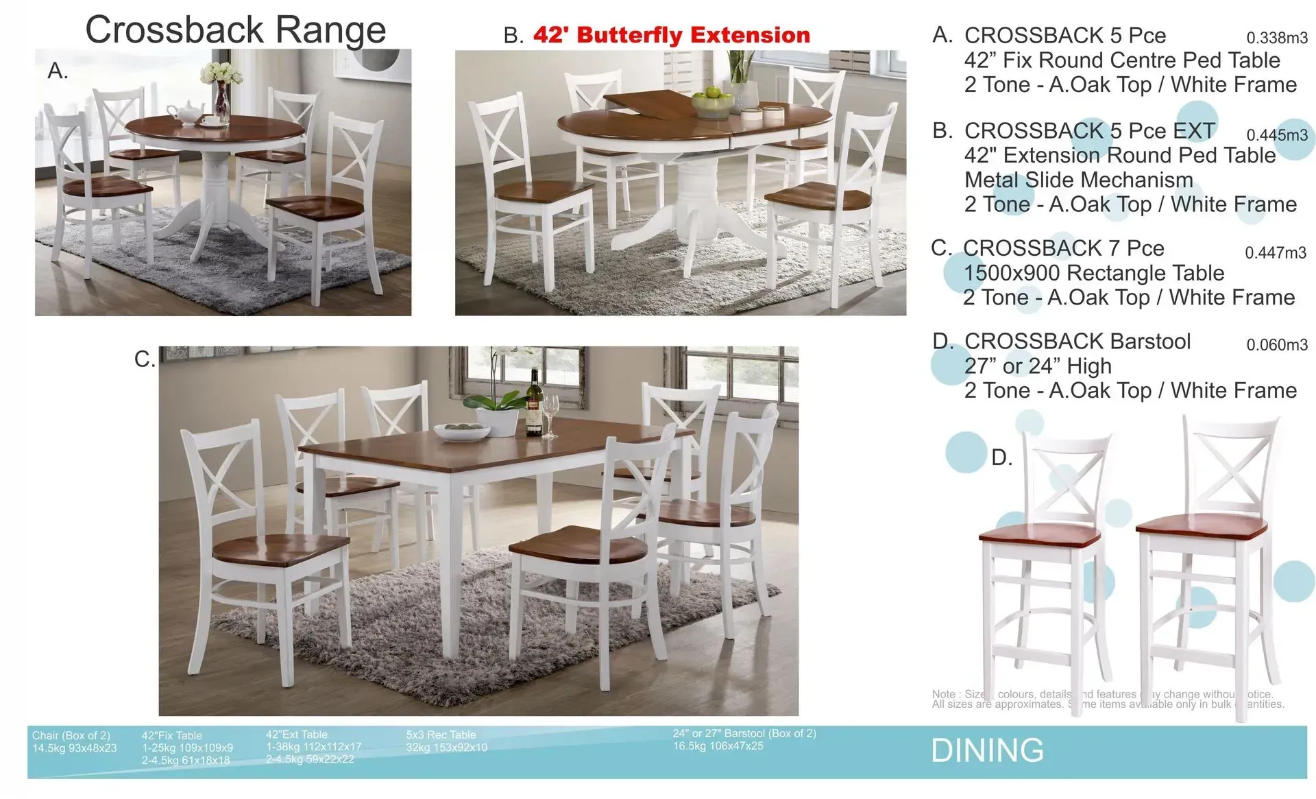 Patio dining set with crossback chairs and round table in white with gray cushions, shown in a room mockup