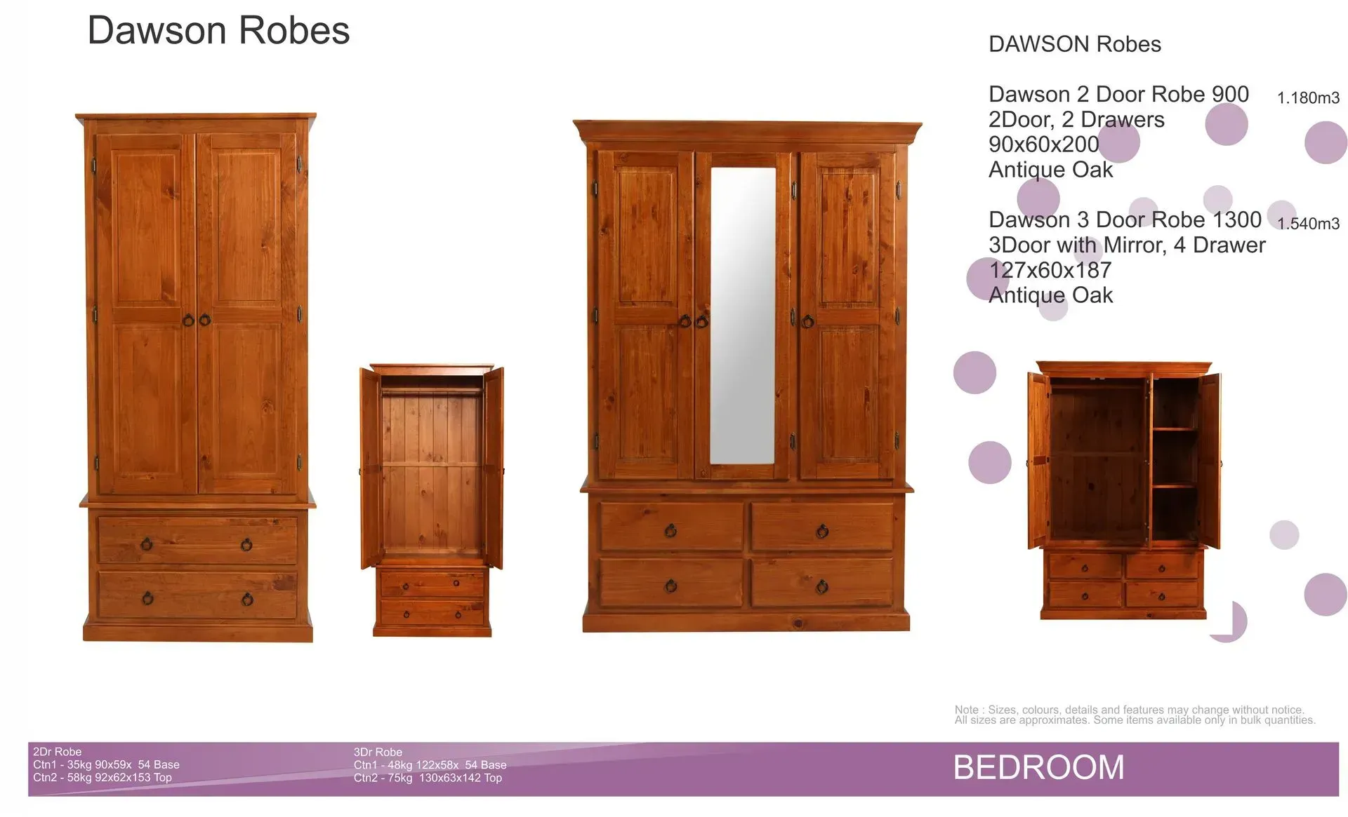 Bedroom furniture set in warm wood finish: wardrobe, dresser, mirror chest, and nightstand.