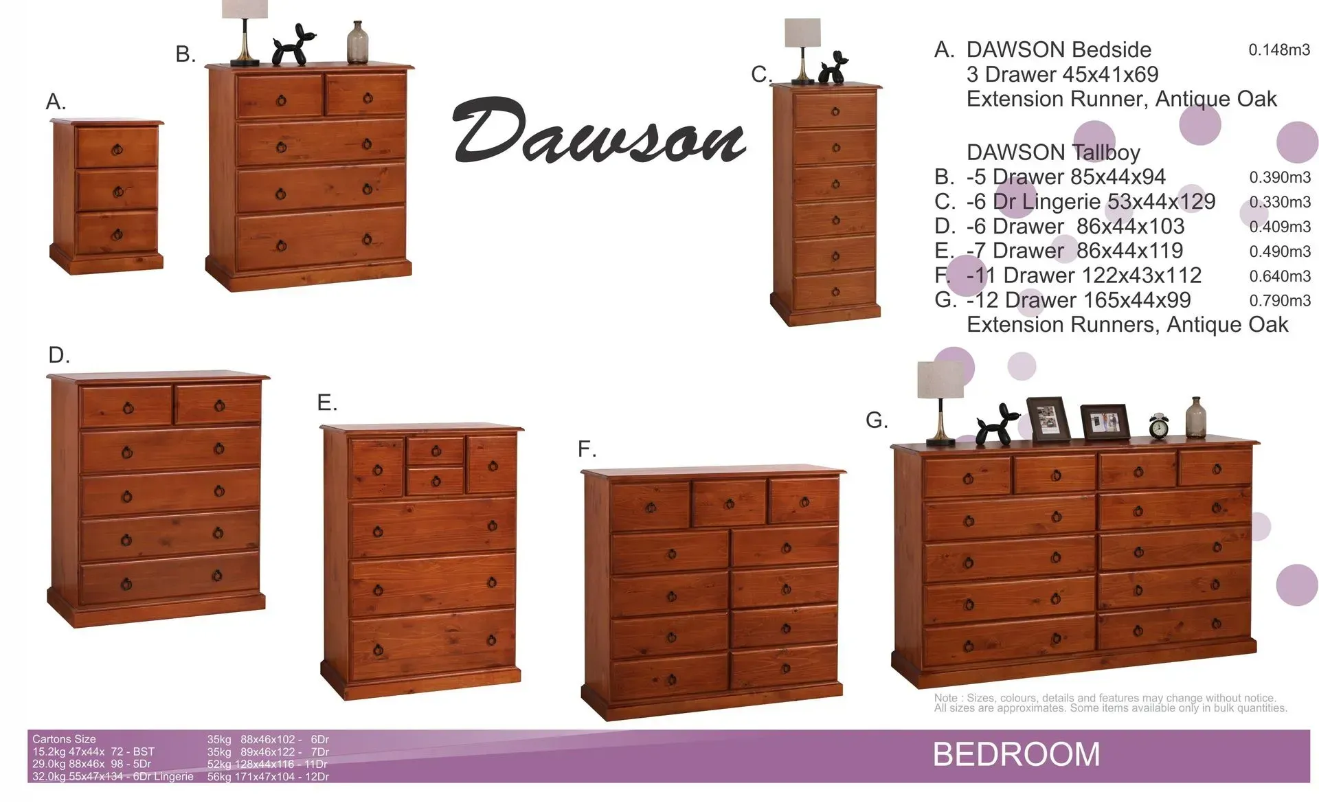 Brown Dawson bedroom furniture set with dresser, chest, nightstand, and mirror