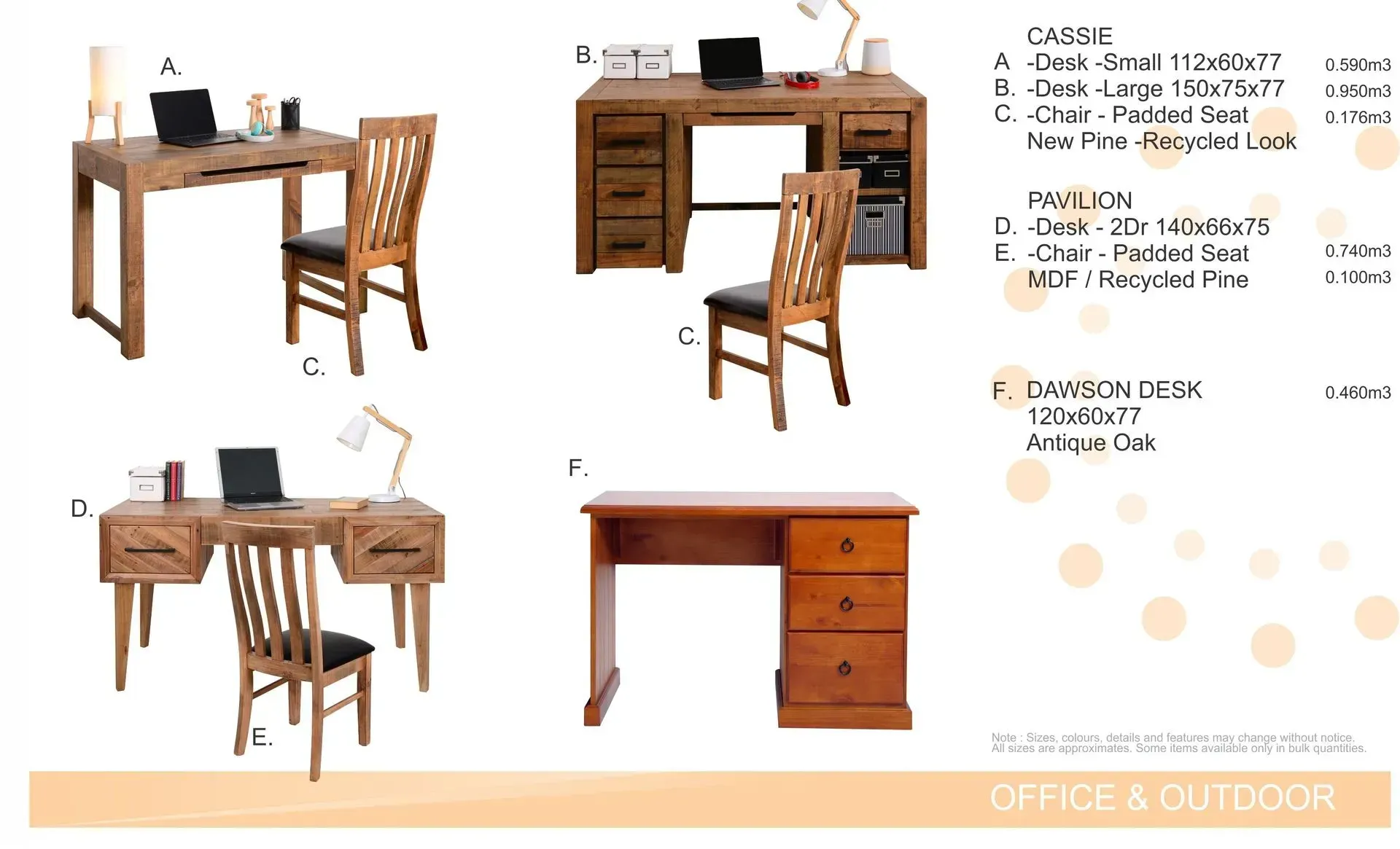 Wood desk and chair office furniture set on white background with multiple angles and color swatches