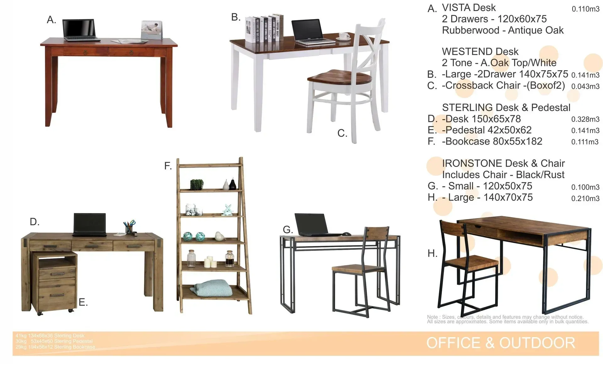 Office desk and shelving furniture collection in wood, black, and white, shown in a catalog layout.