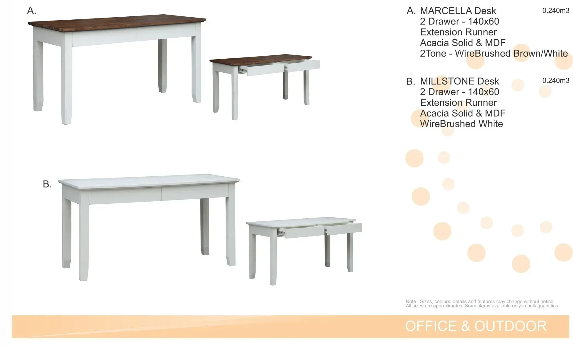 Two modern tables and matching benches in white and dark wood, shown in a product catalog layout.