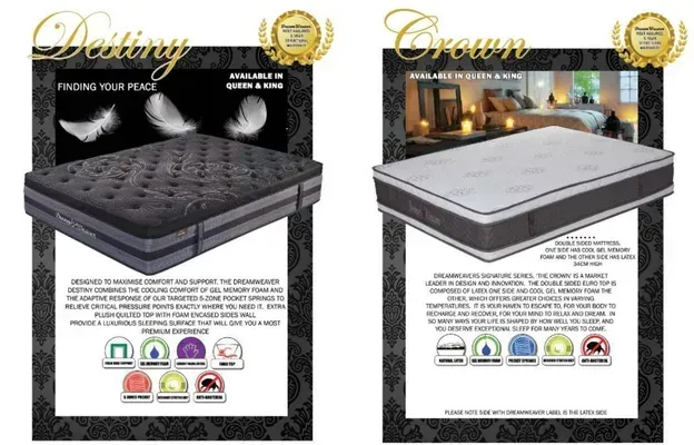 Two mattress product ads, one black and one white, with gold cursive headings and feature icons.