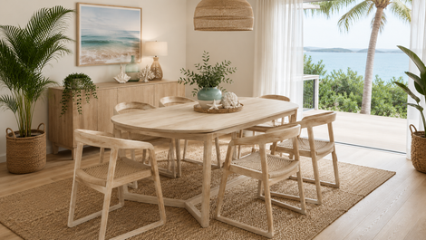 Bright boho dining room with wooden table, woven chairs, plants, and ocean-view windows