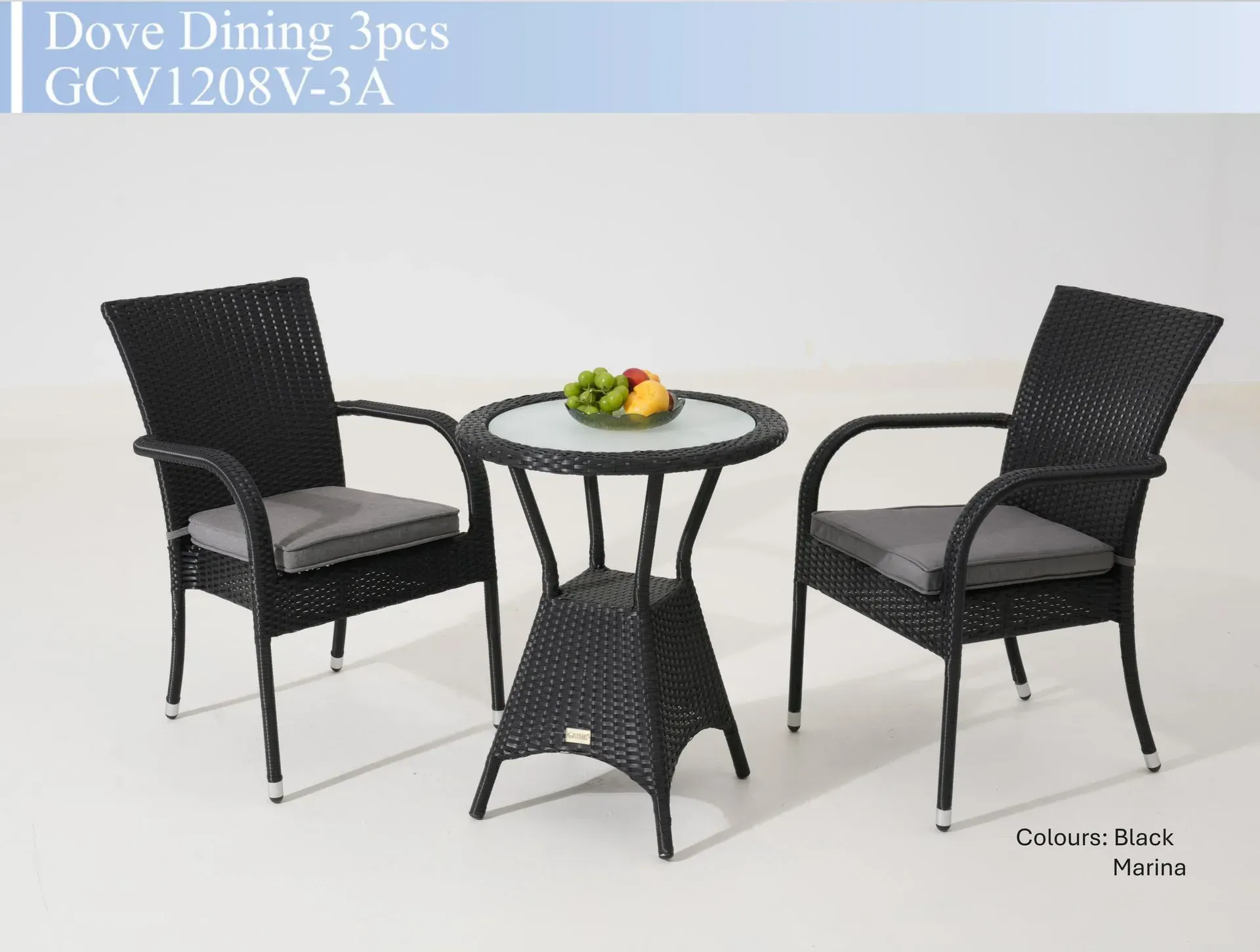 Black wicker patio dining set with two chairs and a round glass-top table