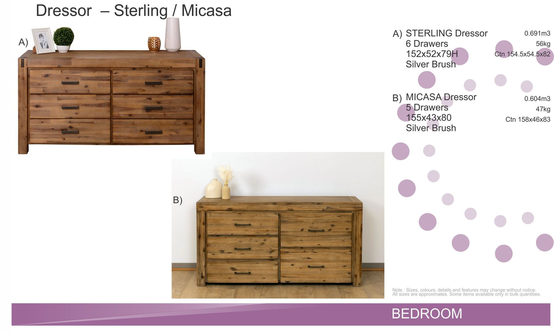 Wooden dresser in two views, labeled storage furniture for a bedroom layout.