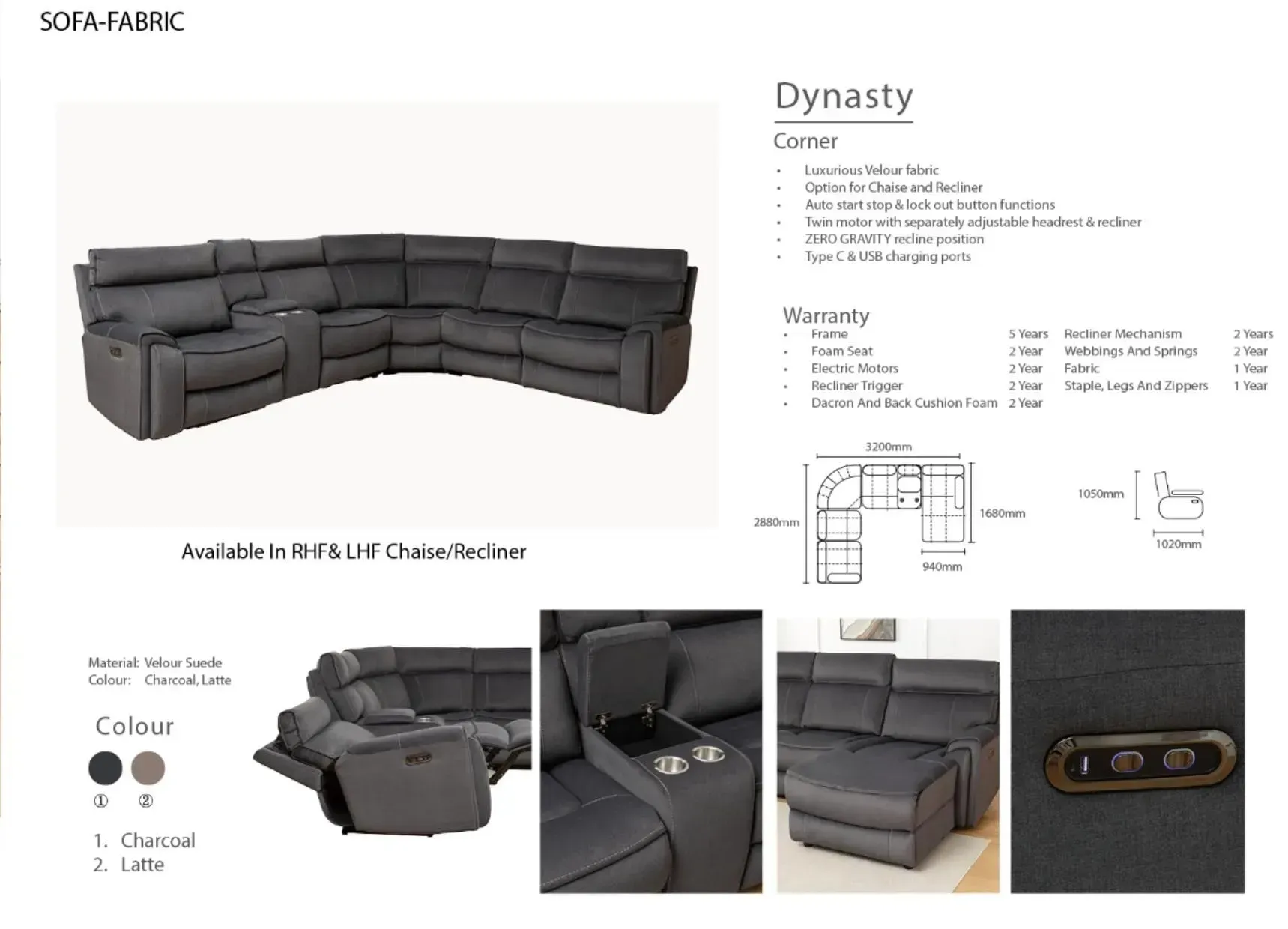 Gray modular sectional sofa product listing with multiple views and dimensions
