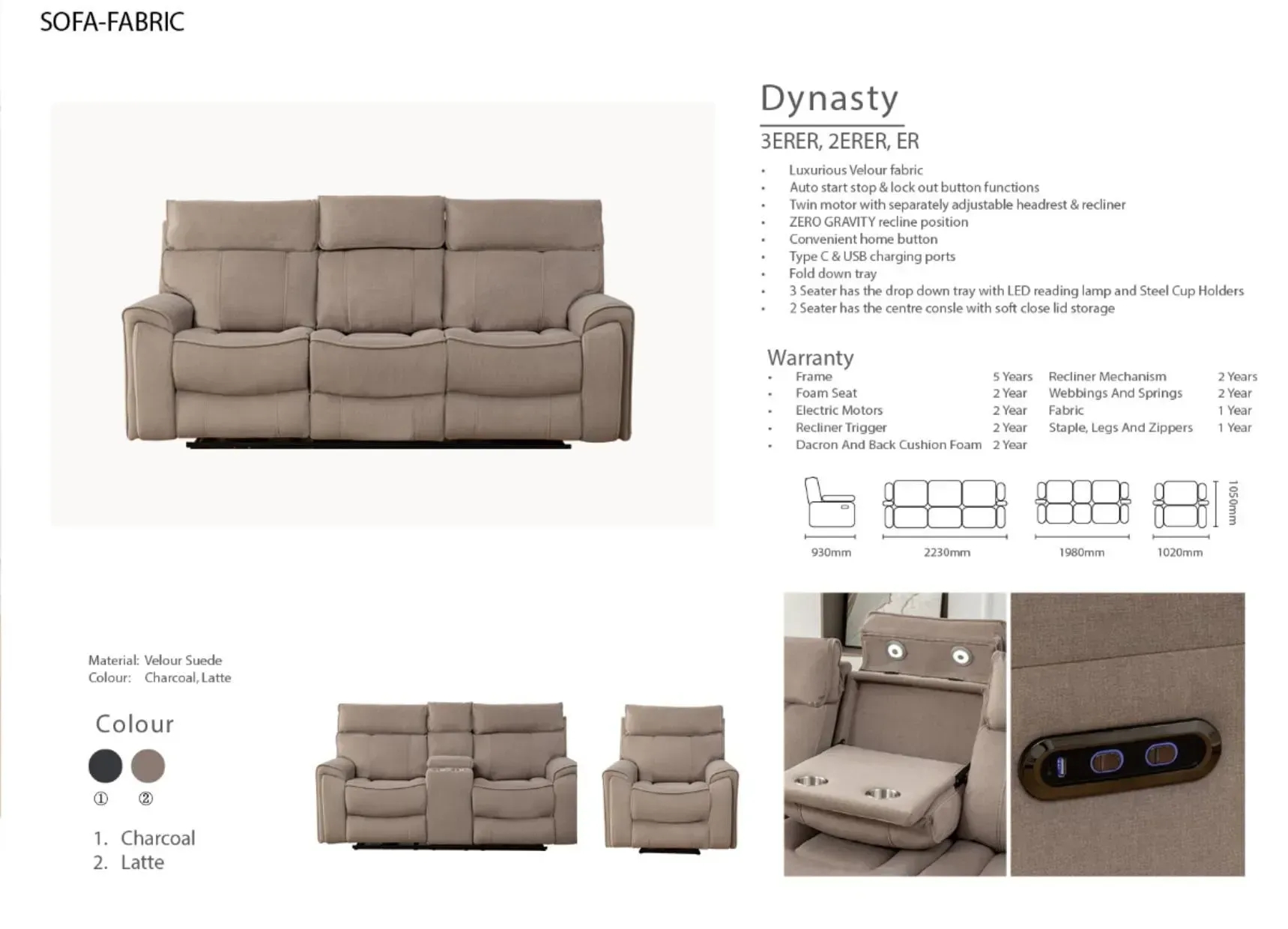 Beige reclining sofa with chaise, featuring cupholders, storage console, and side USB controls