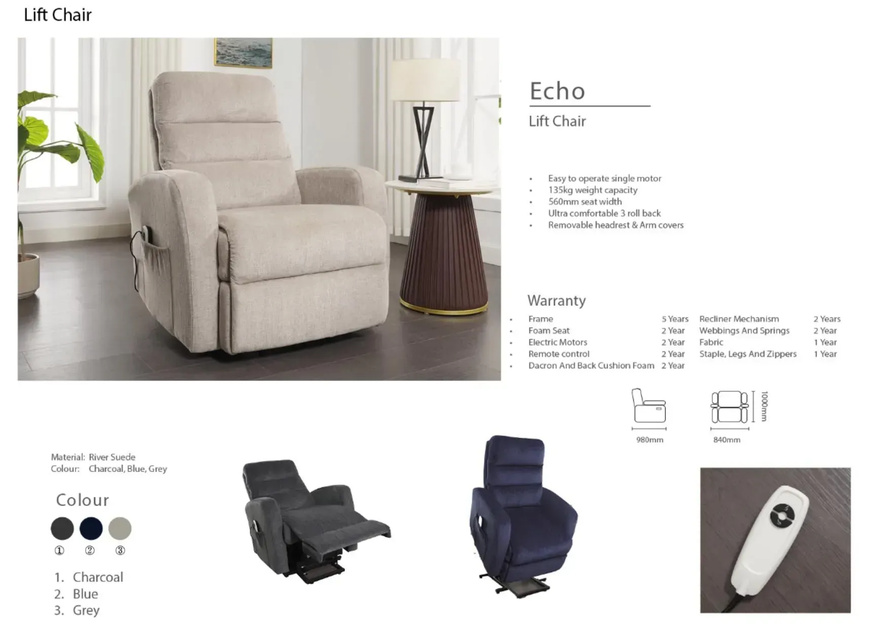 Lift chair in beige fabric with side control and inset details, shown with color options and dimensions