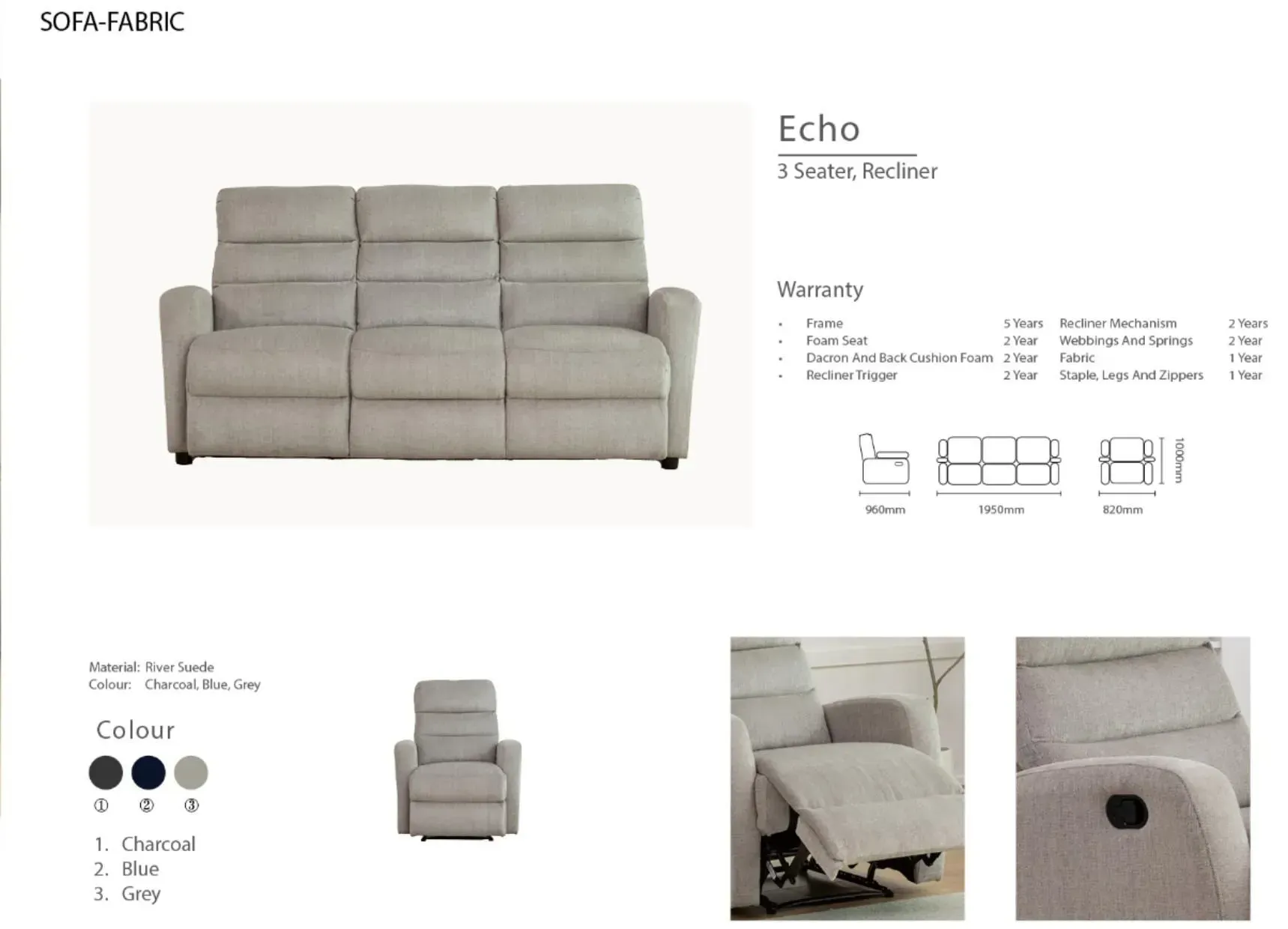 Beige three-seat sectional sofa with recliner features and product detail views
