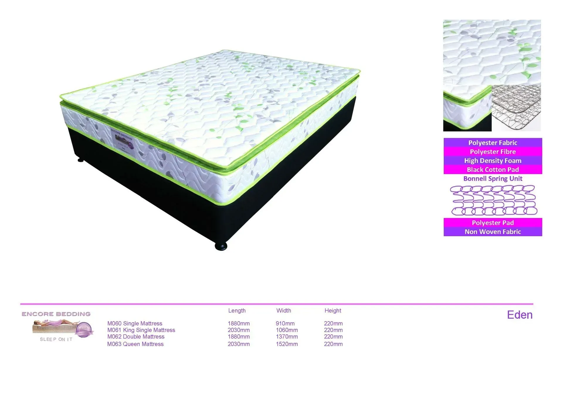 White-and-green mattress on black base with product details and feature callouts on the right