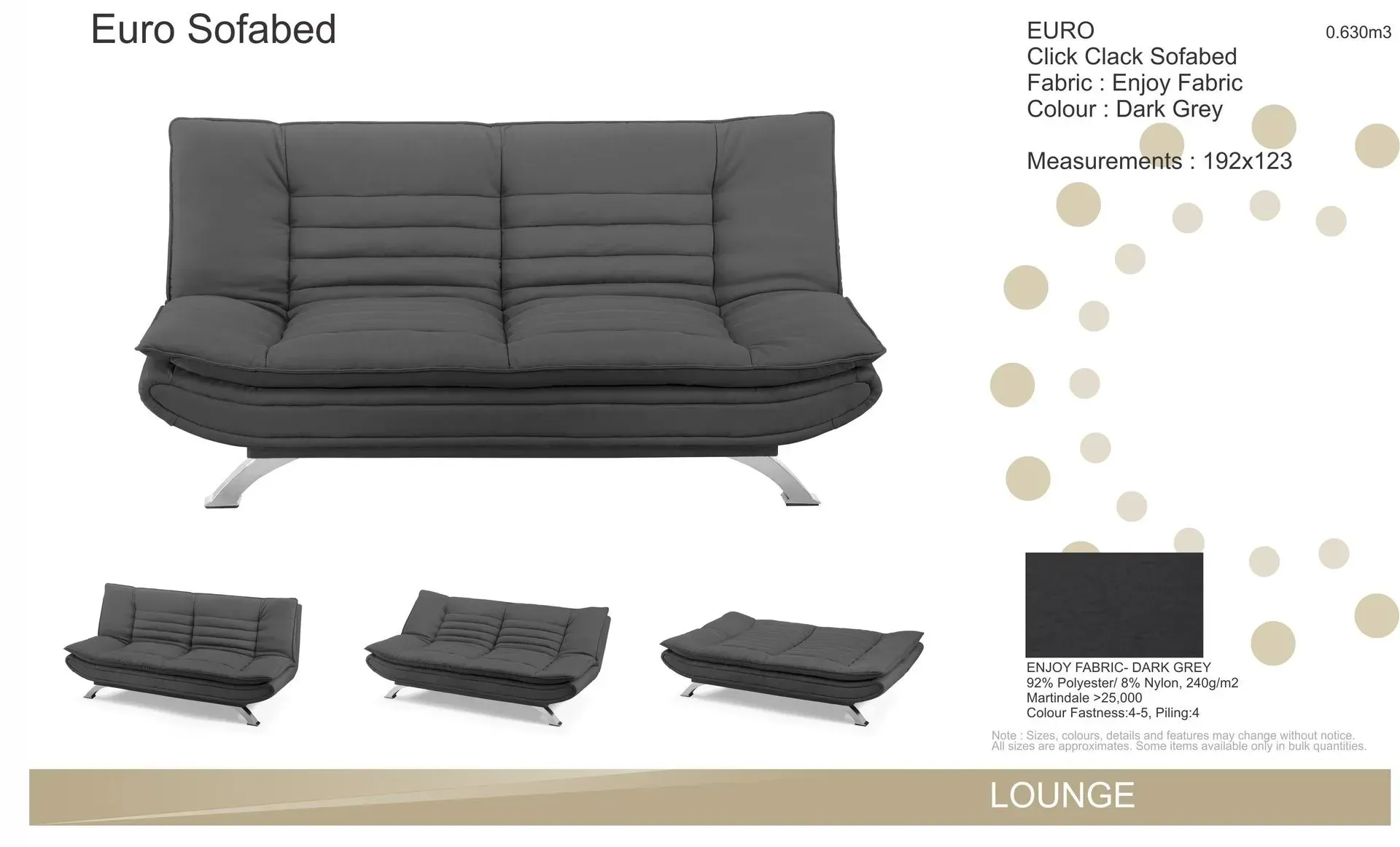 Gray Euro sloped lounge sofa with adjustable backrest shown in multiple views and a section diagram