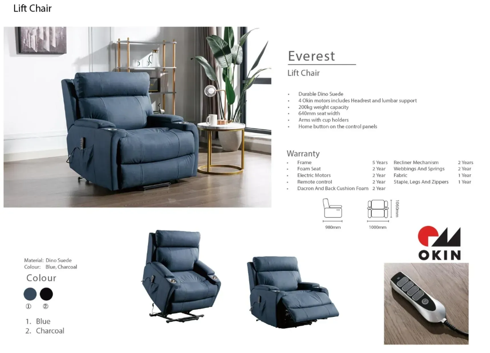 Blue Everest lift chair recliner shown in a living room with control buttons and product details