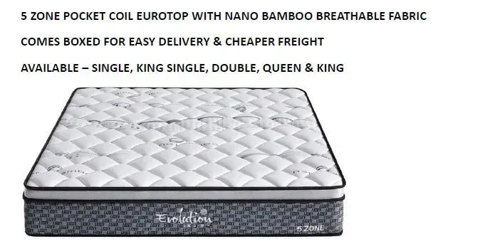 Gray 5-zone pocket coil eurotop mattress with bamboo fabric, shown in king size on white background