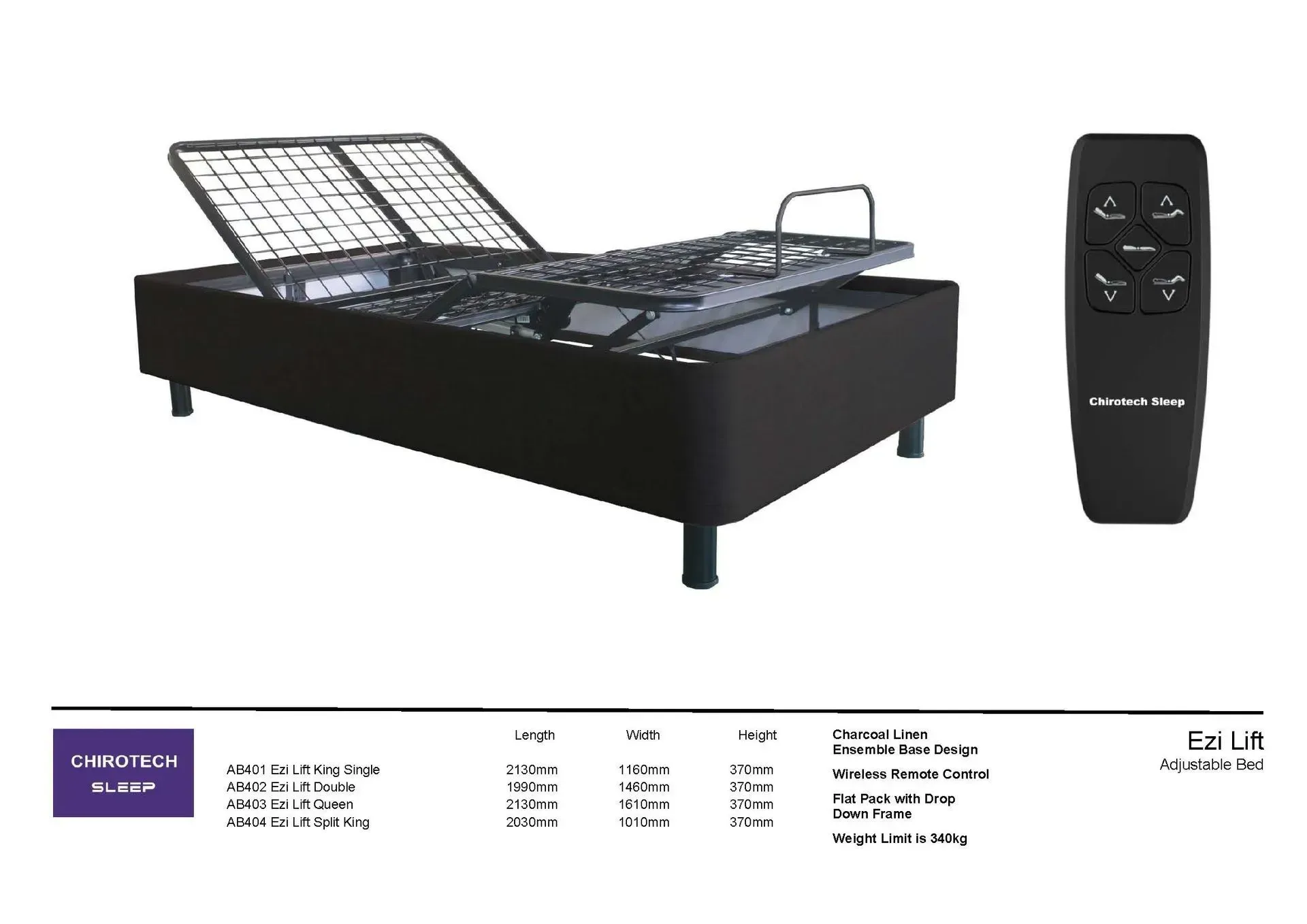 Adjustable black bed frame with remote control, shown with a split-tilt mattress and product specs below