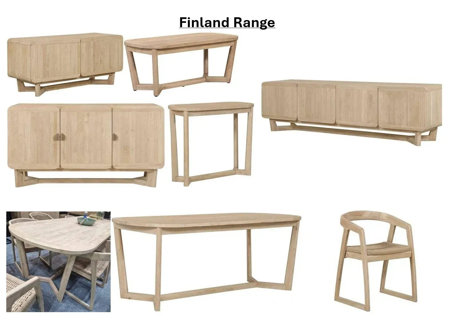 Collage of light wood Finland Range furniture: cabinets, tables, and stools on a white background