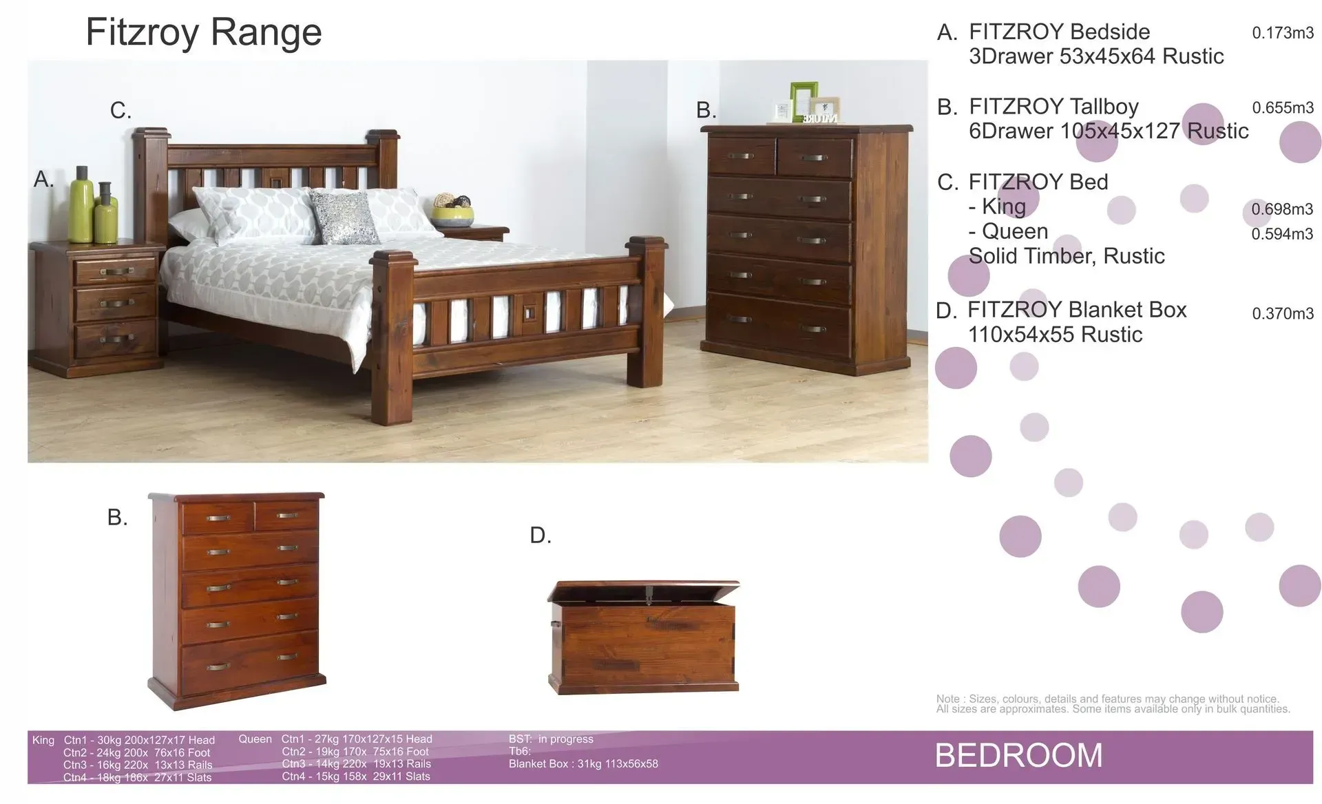 Bedroom furniture set with wooden bed, dresser, nightstand, and mirror on a white background