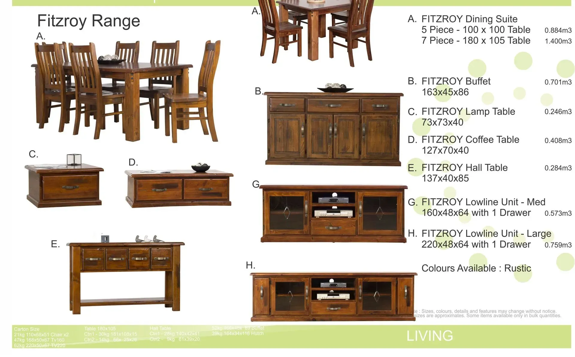 Furniture catalog collage showing a wooden dining set, sideboards, and tables from the Fitzroy Range.