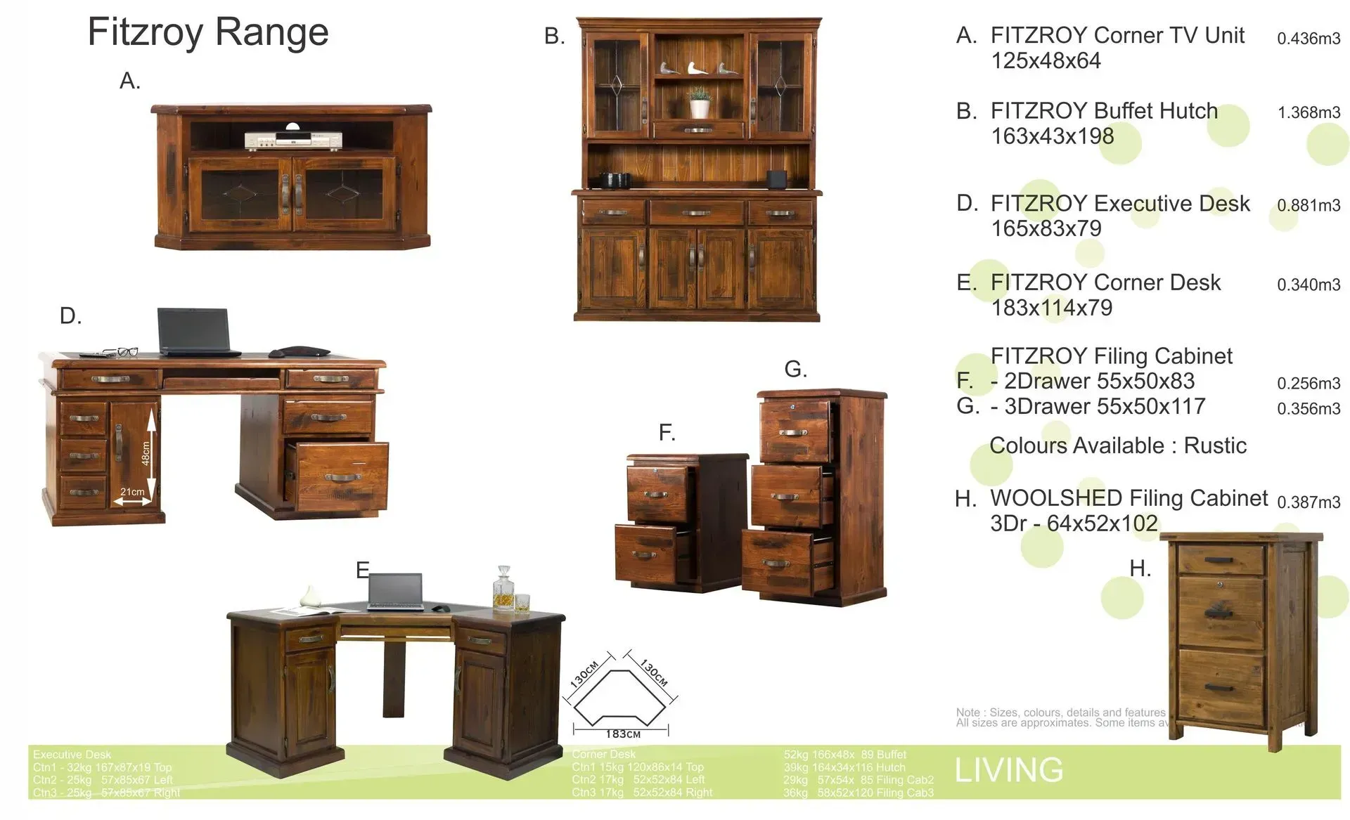 Collage of dark wood office furniture: bookcases, desk, filing cabinets, and hutch on a white background