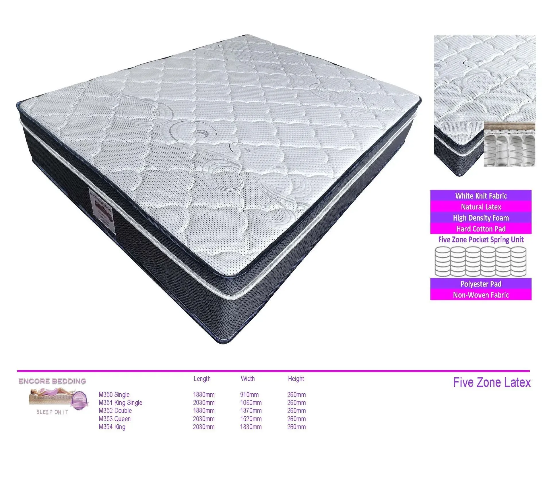 White and gray quilted mattress with black base, shown in a product ad with size details.