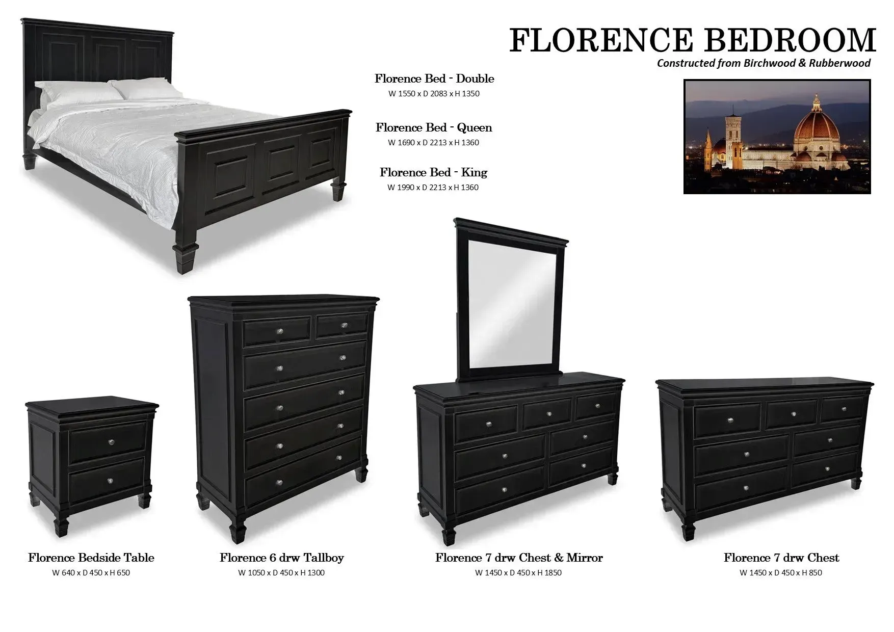 Black Florence bedroom set with bed, dresser, mirror, nightstand, chest, and TV stand