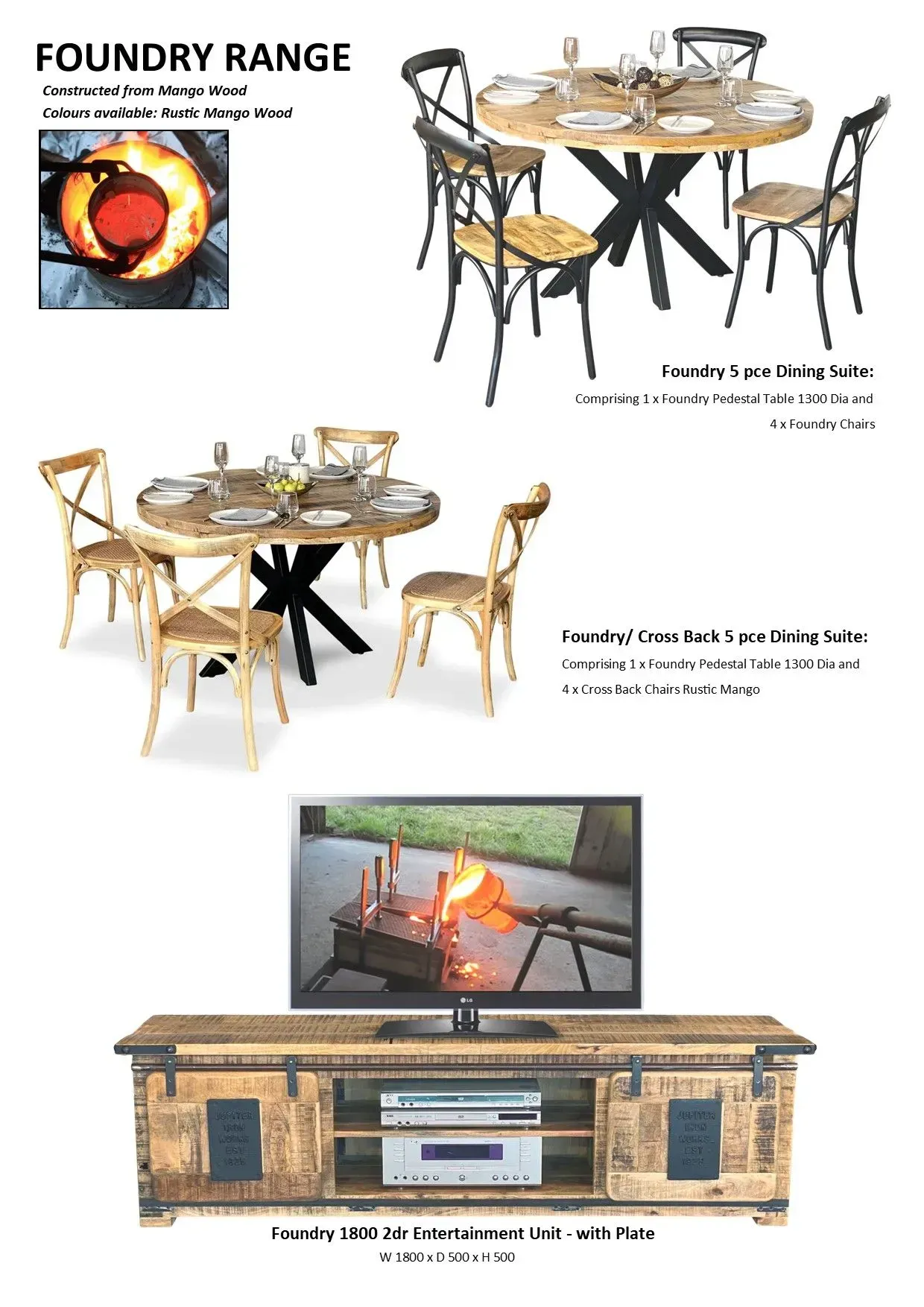 Patio furniture catalog page showing a fire pit table, dining set, and TV console with built-in fireplace.