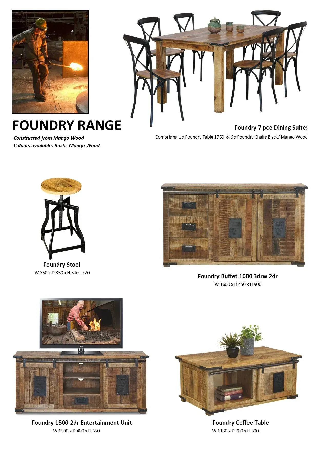 Catalog collage of rustic foundry-themed furniture: tables, stools, cabinets, and a firelit blacksmith scene.