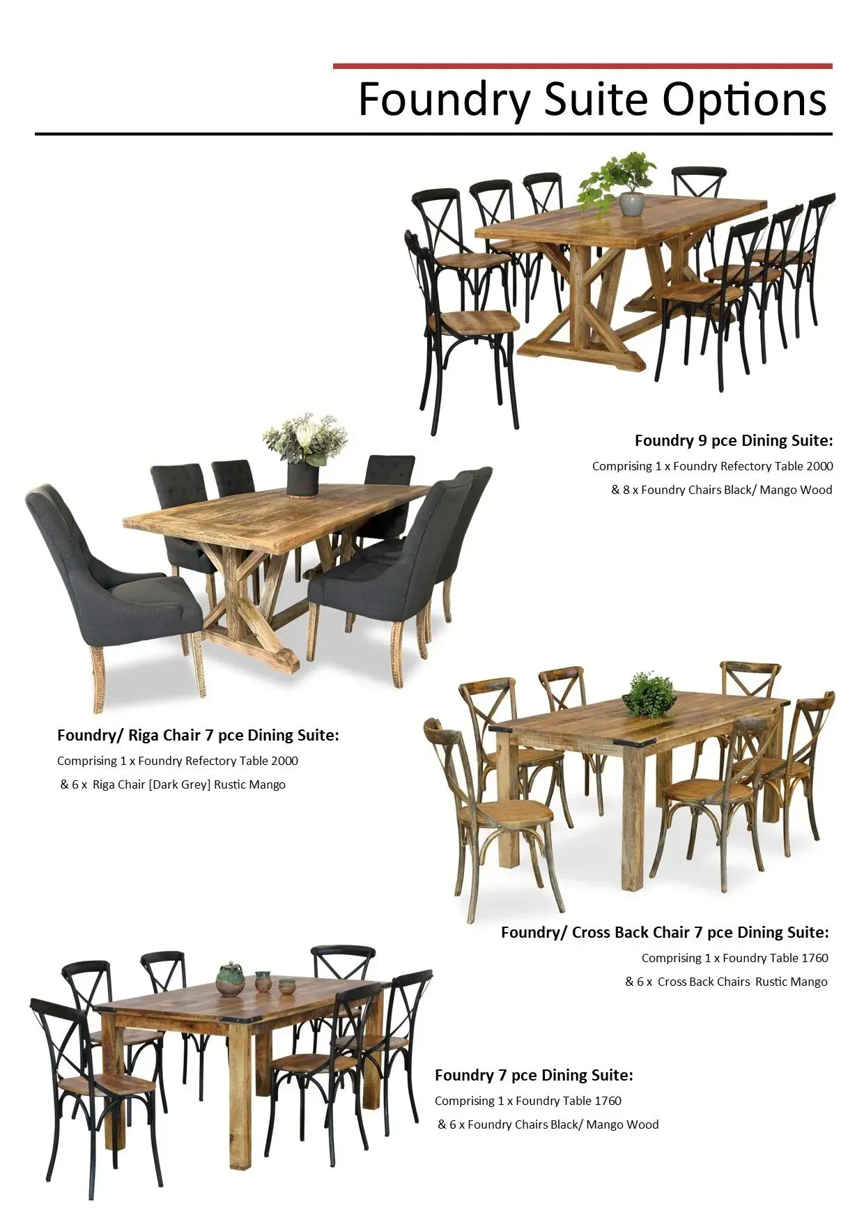 Foundry Suite Options flyer showing several wood dining table and chair sets in a white layout.