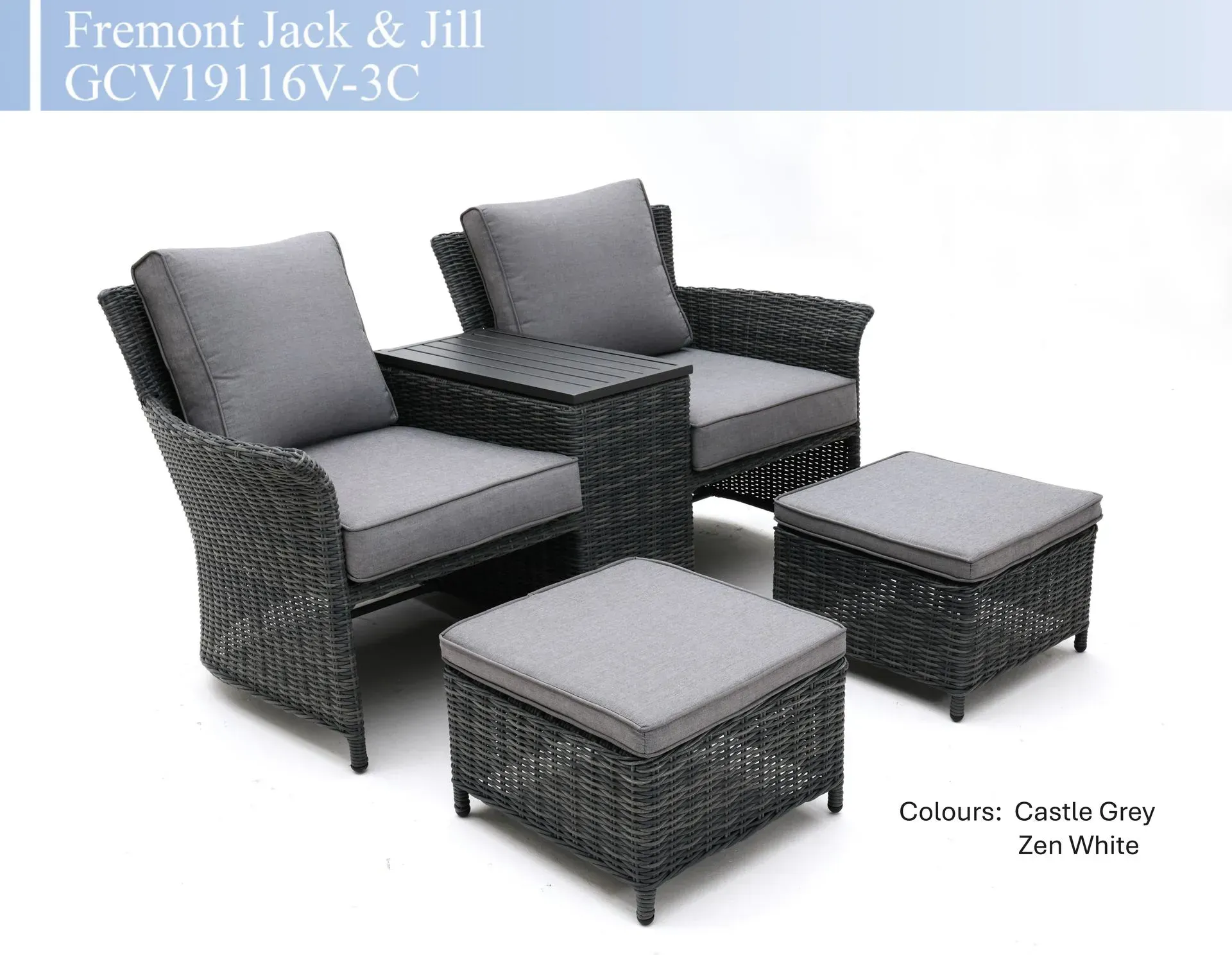 Four-piece dark gray wicker patio seating set with two armchairs, a loveseat, and two ottomans