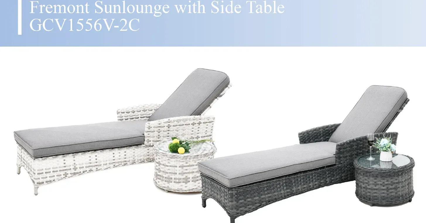 Two wicker chaise lounges with gray cushions and side tables, one white and one dark gray.