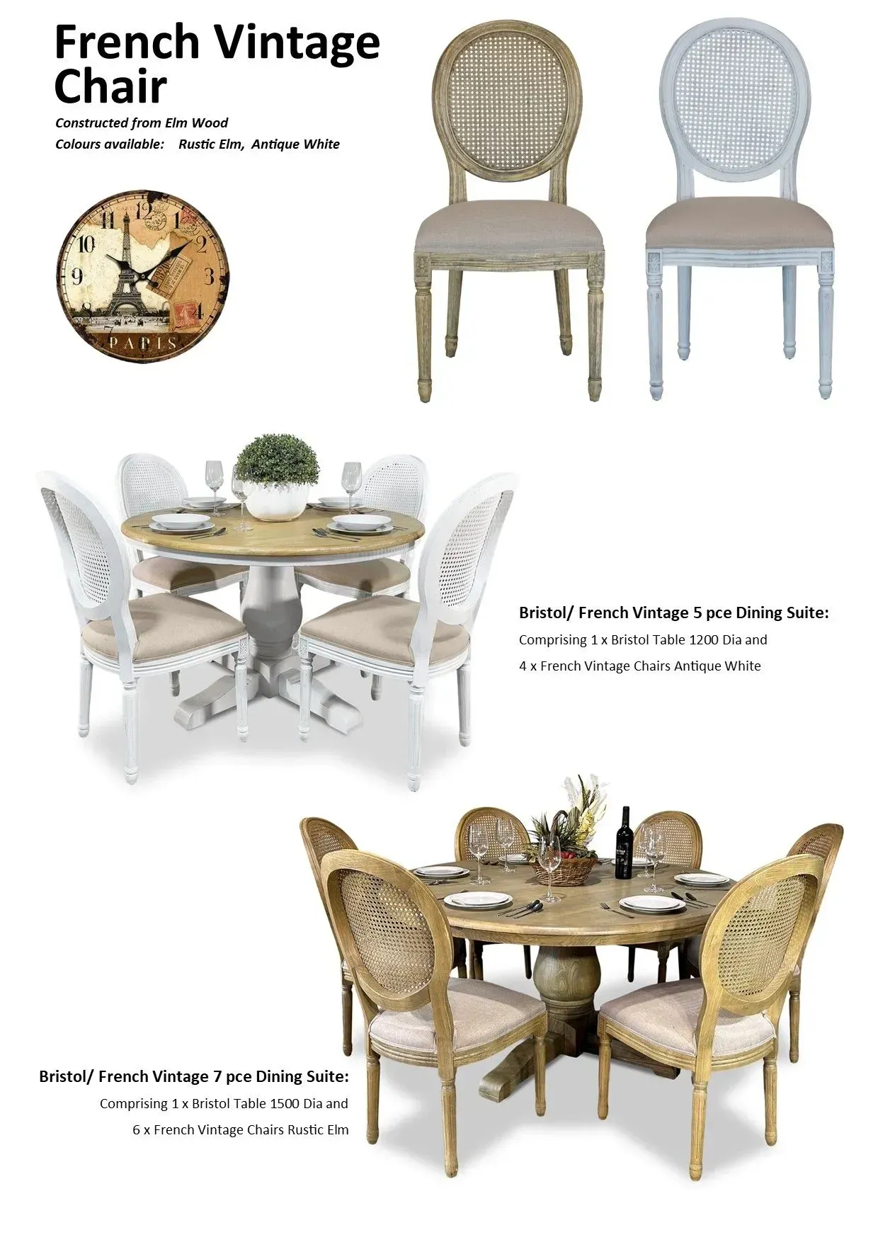 French vintage chair collage showing white, gray, and gold chairs in dining room settings