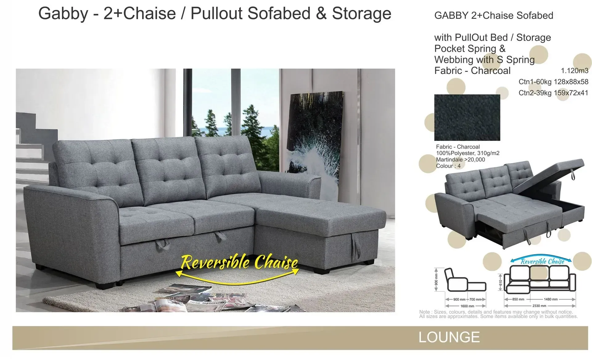 Gray 2-chase pullout sofa bed with storage, tufted cushions, and chaise lounge in a modern living room setting