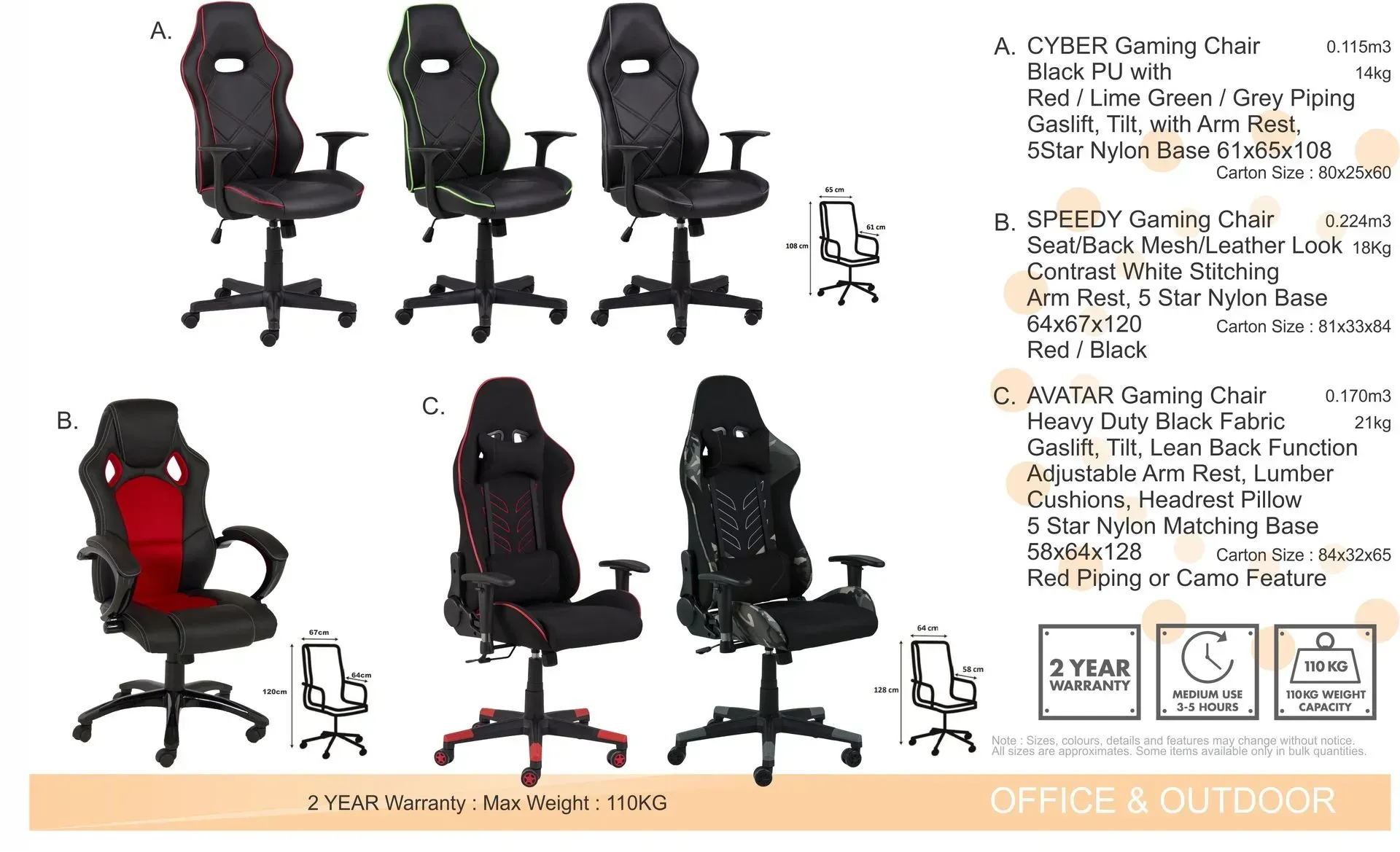 Ergonomic office chair options in black, red, and gray, shown from multiple angles with specs.